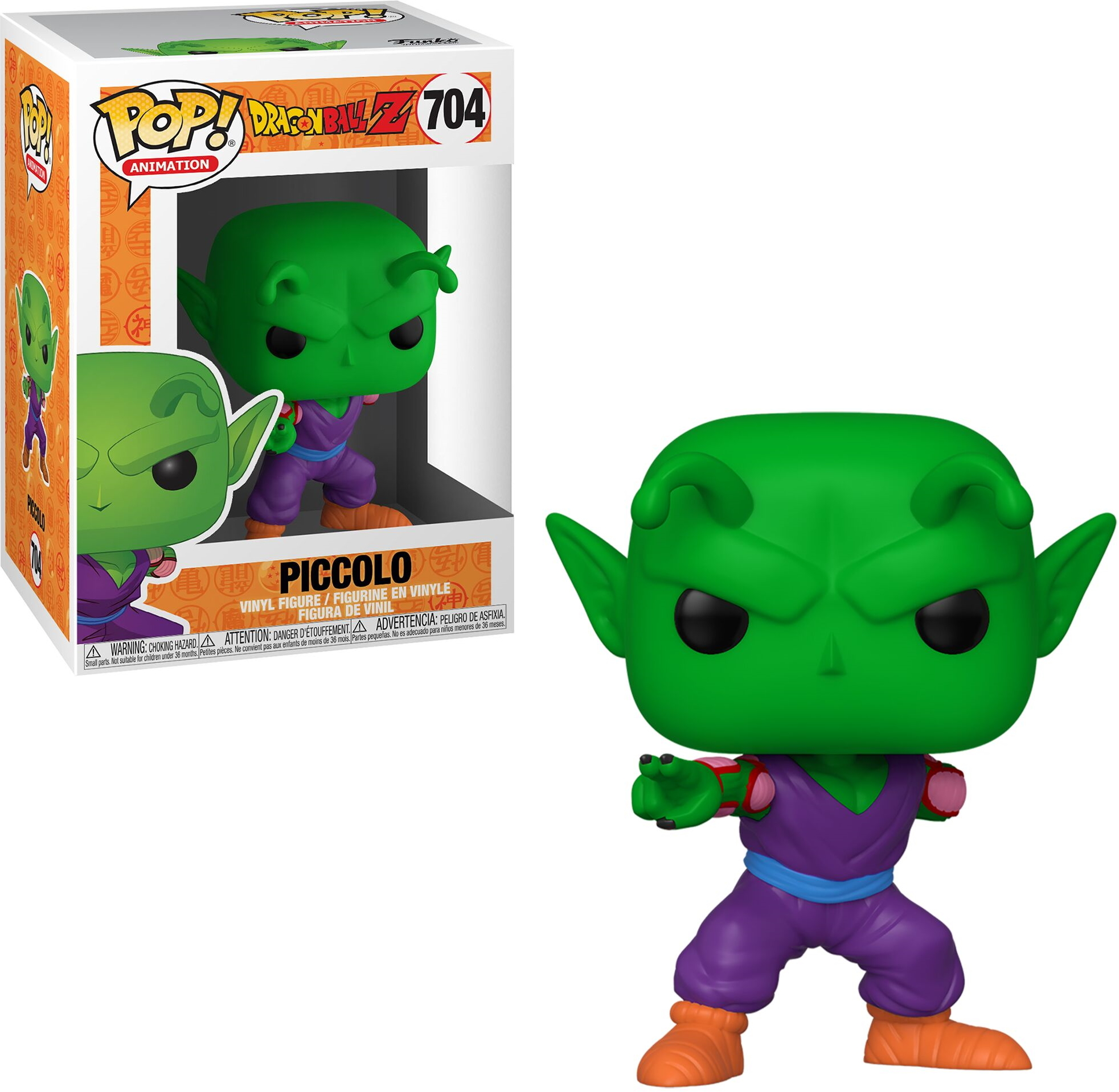 Piccolo Funko Pop Figur. Grüne Haut, lila und rosa Outfit, große Ohren. Box links.