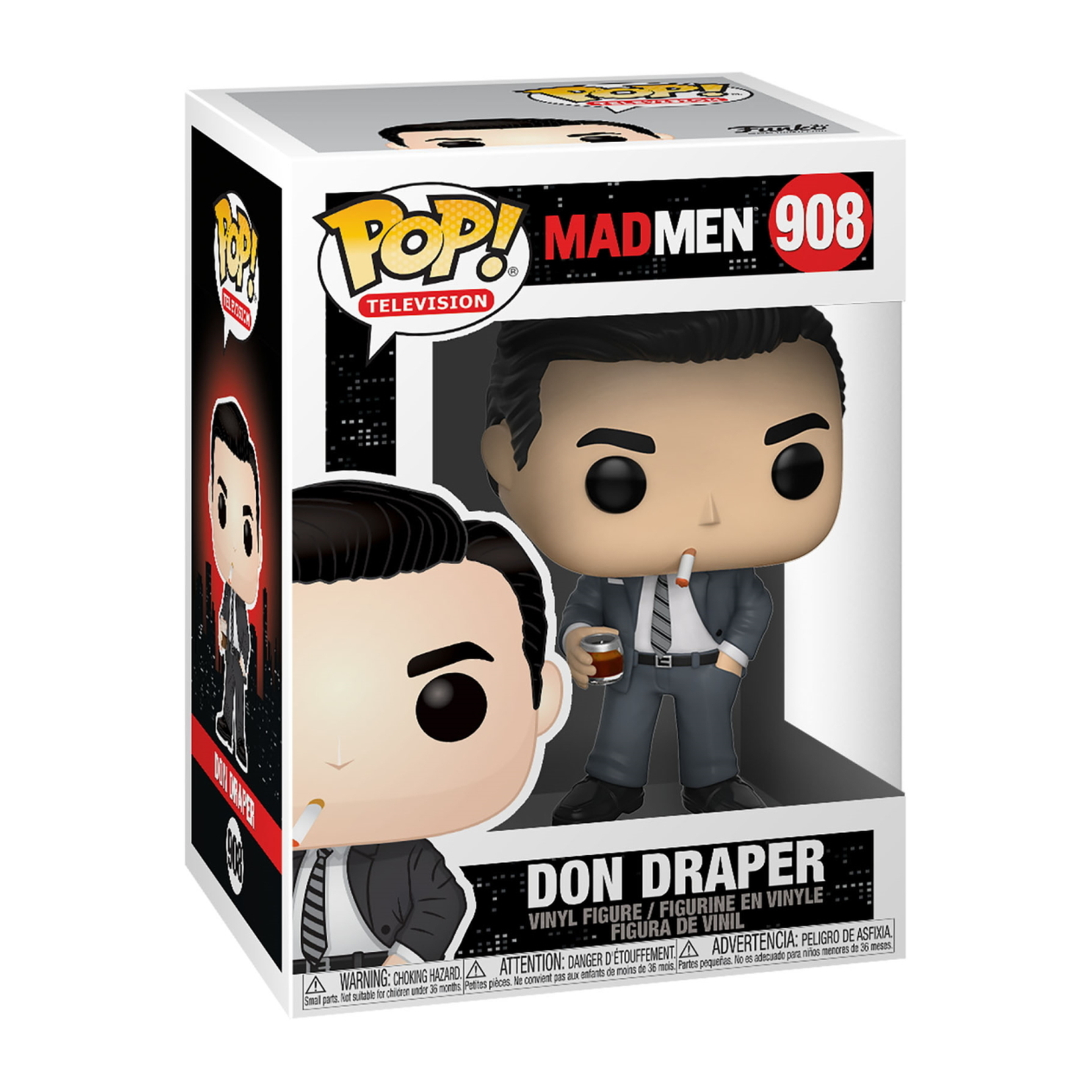 Figura di Don Draper in scatola. Ha i capelli scuri e indossa un abito grigio, tenendo in mano un drink e una sigaretta.