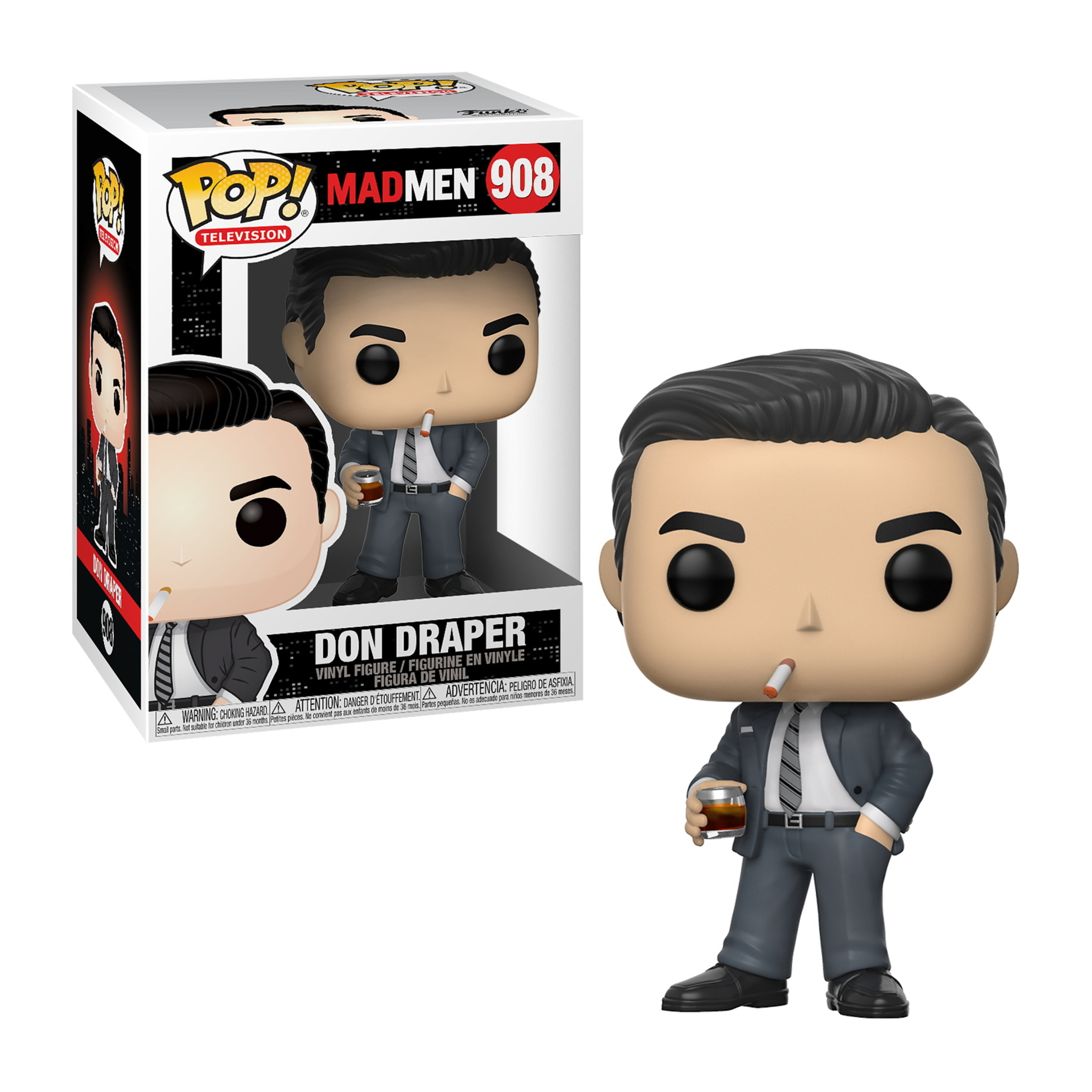 Funko Pop di Don Draper con drink e sigaretta, in una scatola. Indossa un abito.