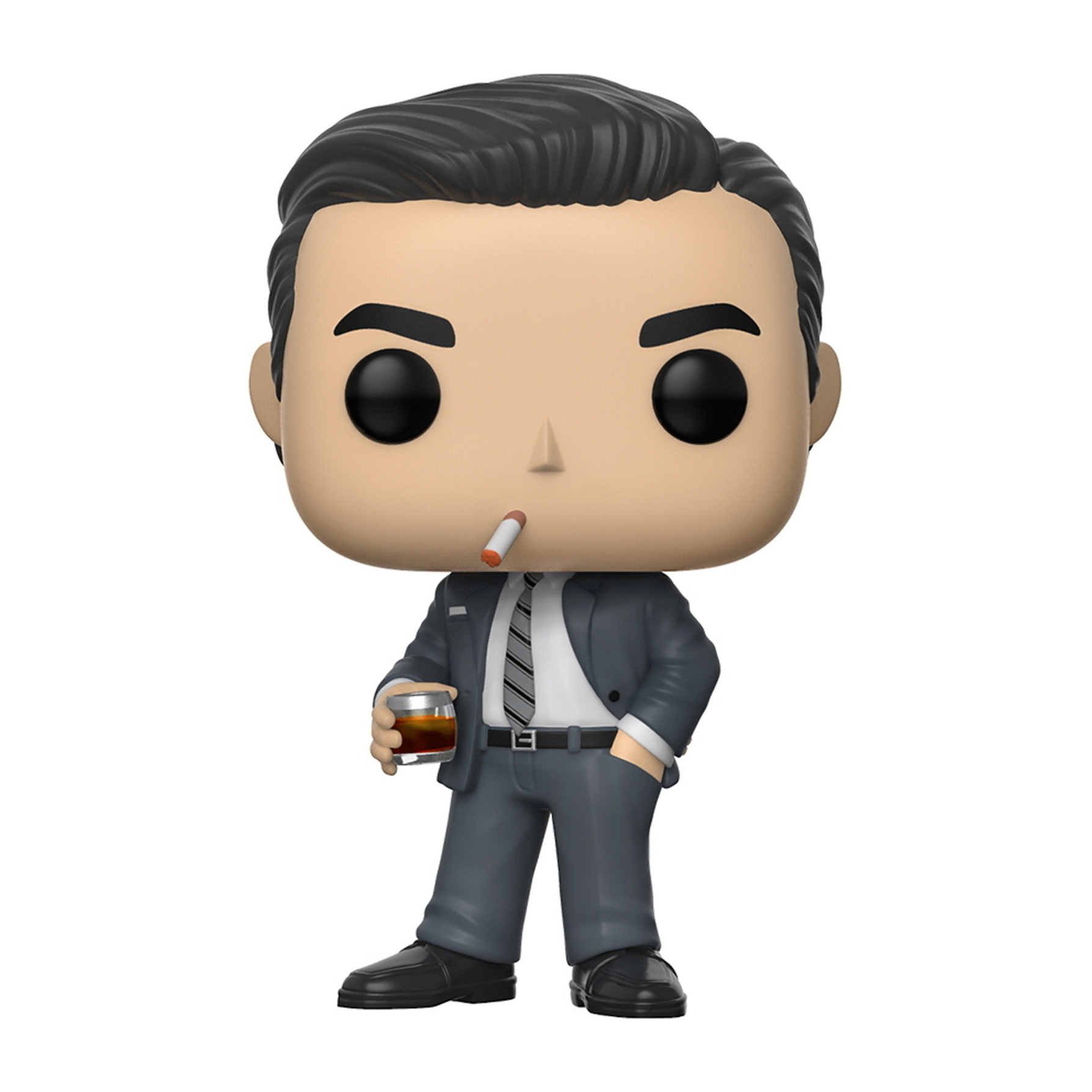 Figura Funko Pop di Don Draper in abito, che fuma una sigaretta, con un drink in mano, in posa sicura.