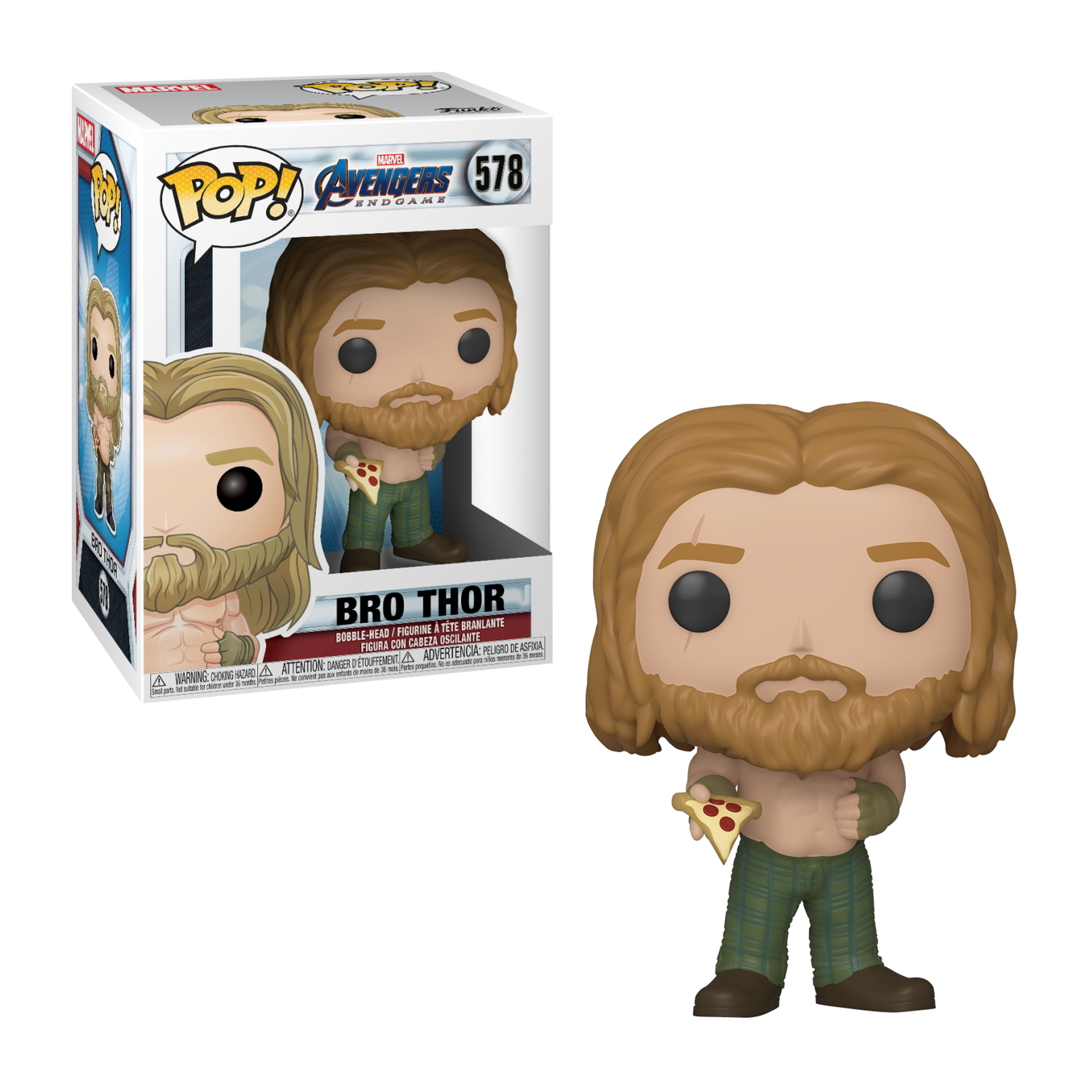 Figura di Bro Thor, senza maglietta, fetta di pizza, capelli lunghi, barba, pantaloni verdi, scatola con l'artwork del personaggio, Marvel.