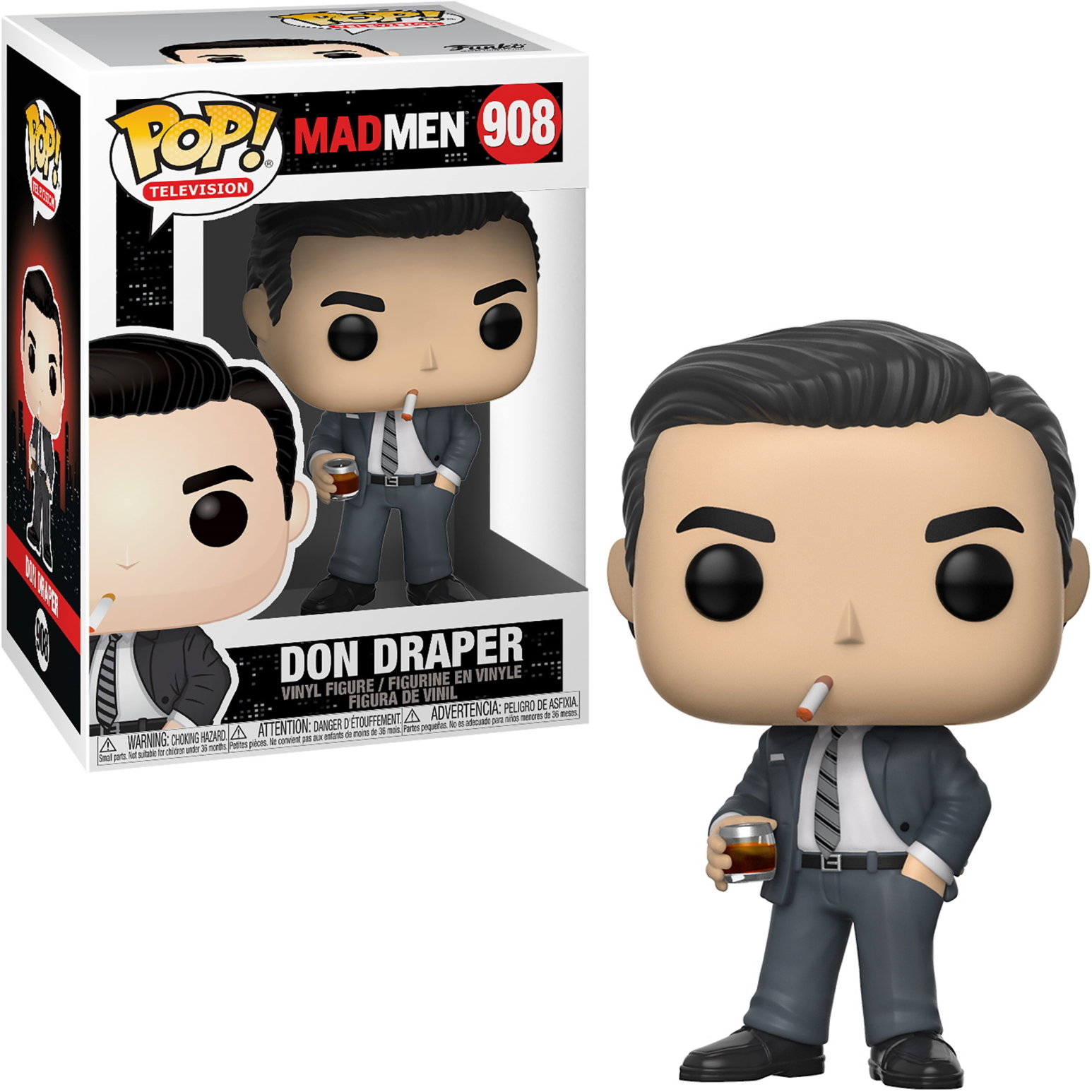 Figura Funko Pop di Don Draper, fuma una sigaretta e tiene un drink, con una scatola.
