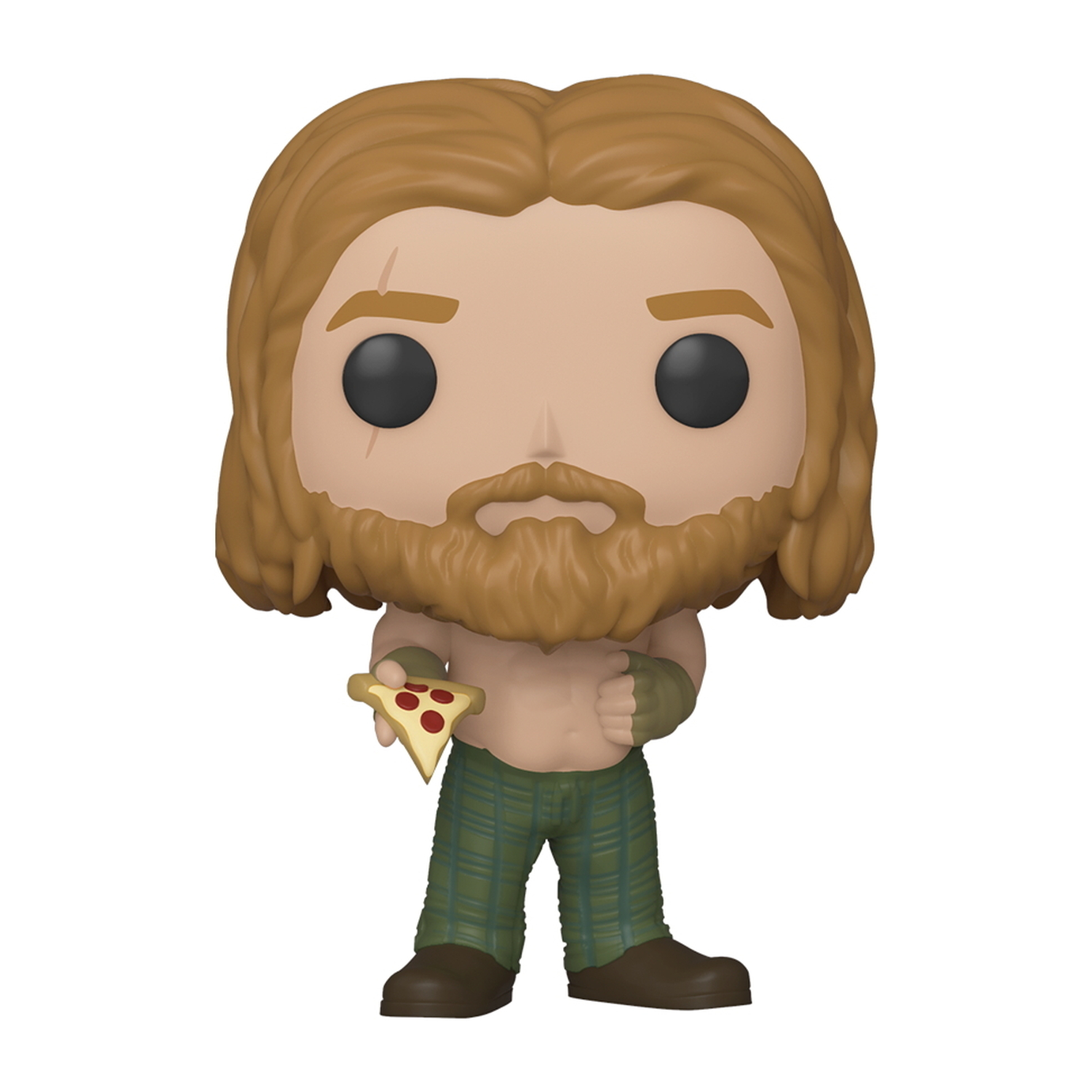 Figura di Thor che tiene una fetta di pizza. Ha lunghi capelli biondi ed è a torso nudo.