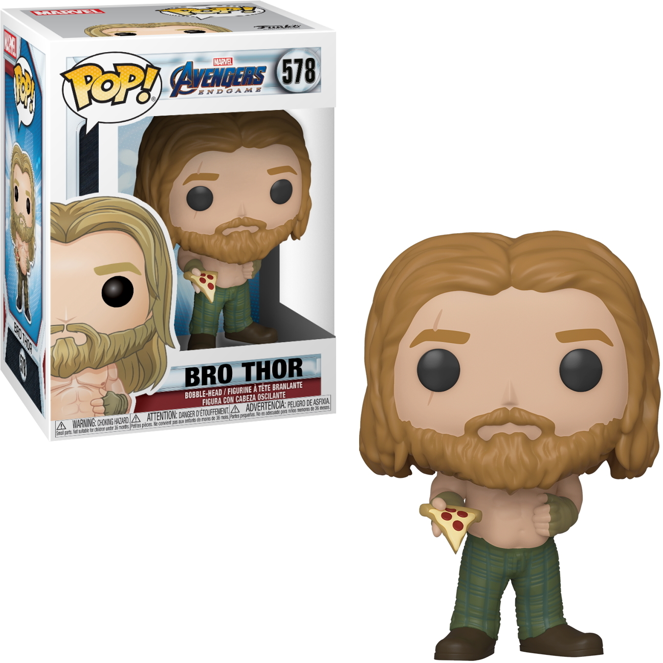 Funko Pop di Bro Thor da Avengers: Endgame, che tiene la pizza, con scatola.