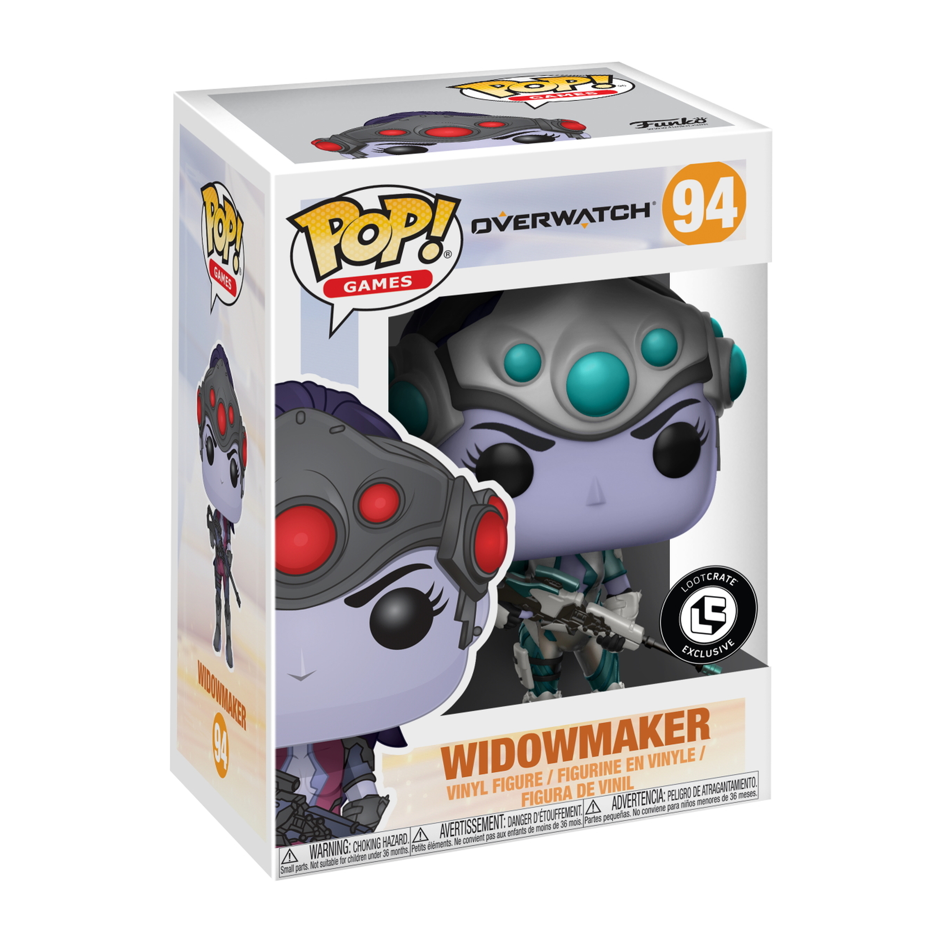 Verpackte Funko Pop Figur von Widowmaker. Figur mit blauer Haut und einer Waffe. Box hat Overwatch Games und Widowmaker Logo.