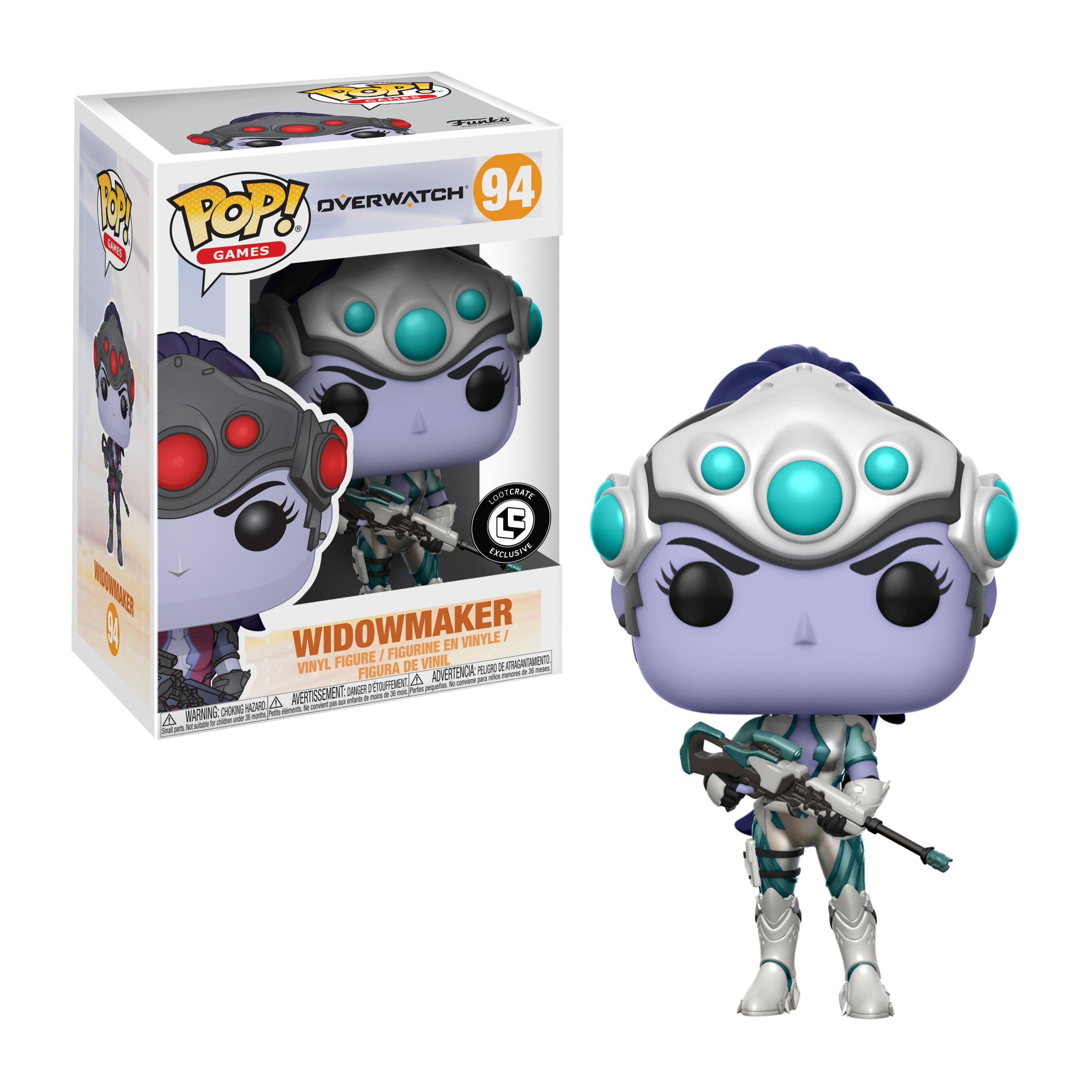 Widowmaker Funko Pop Figur mit Box, in weißer, türkisblauer und lila Kleidung.