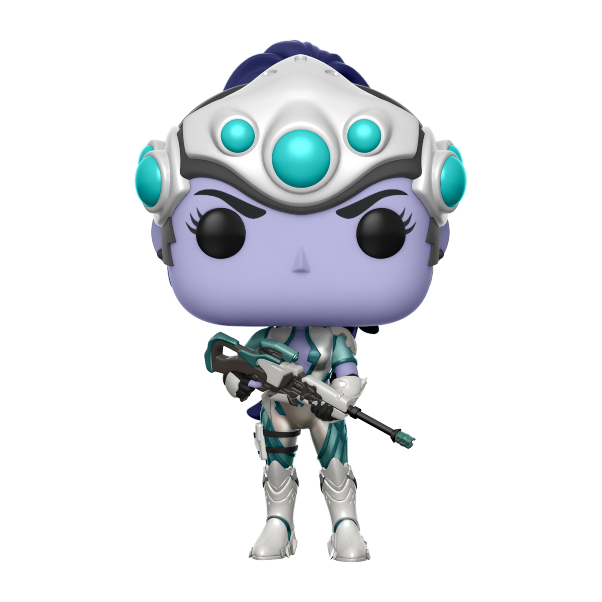 Eine Widowmaker Pop! Figur, Overwatch, mit weiß-blauer Uniform und Gewehr.