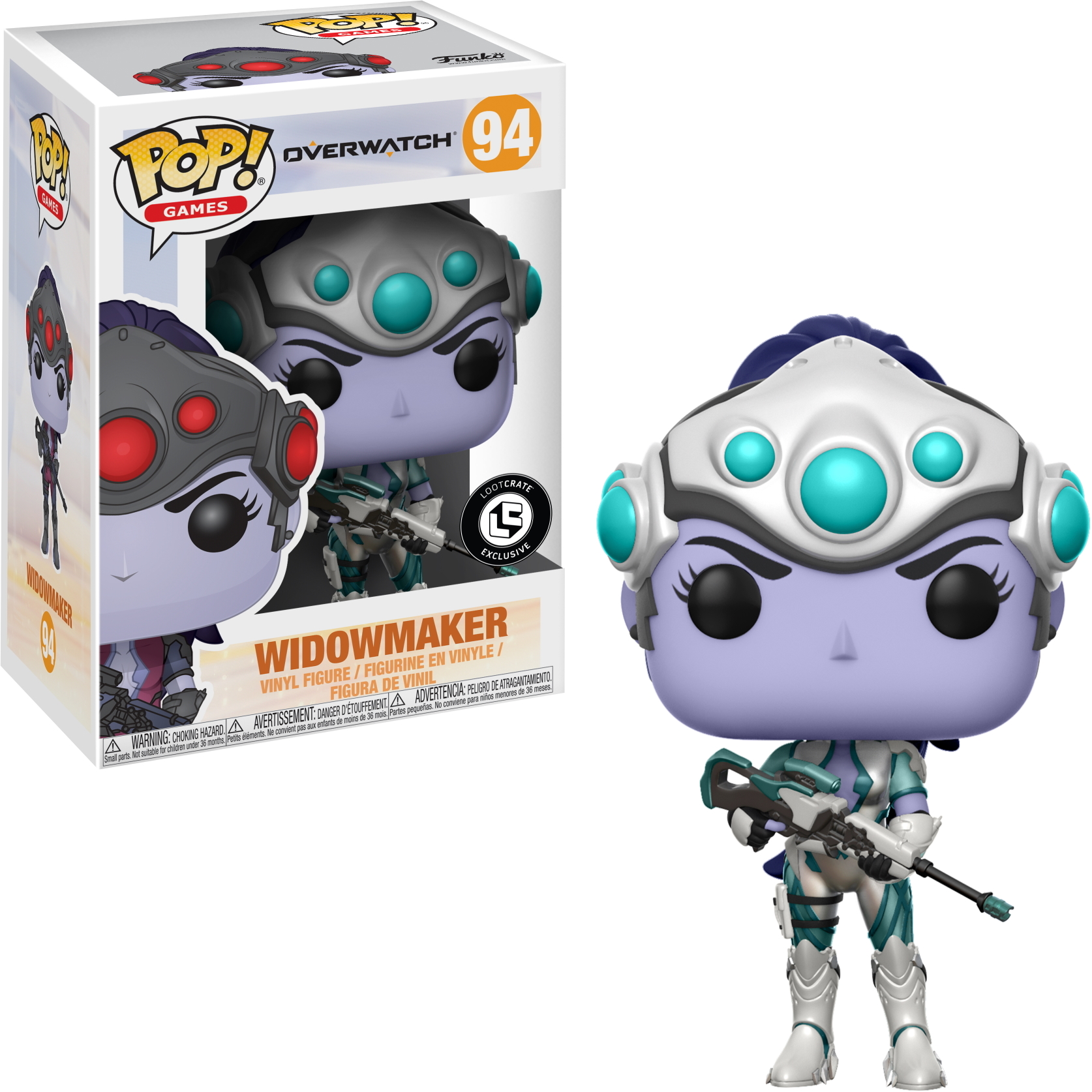 Eine Funko Pop Figur von Widowmaker aus Overwatch, in weiß-blauer Kleidung, mit einer Waffe.