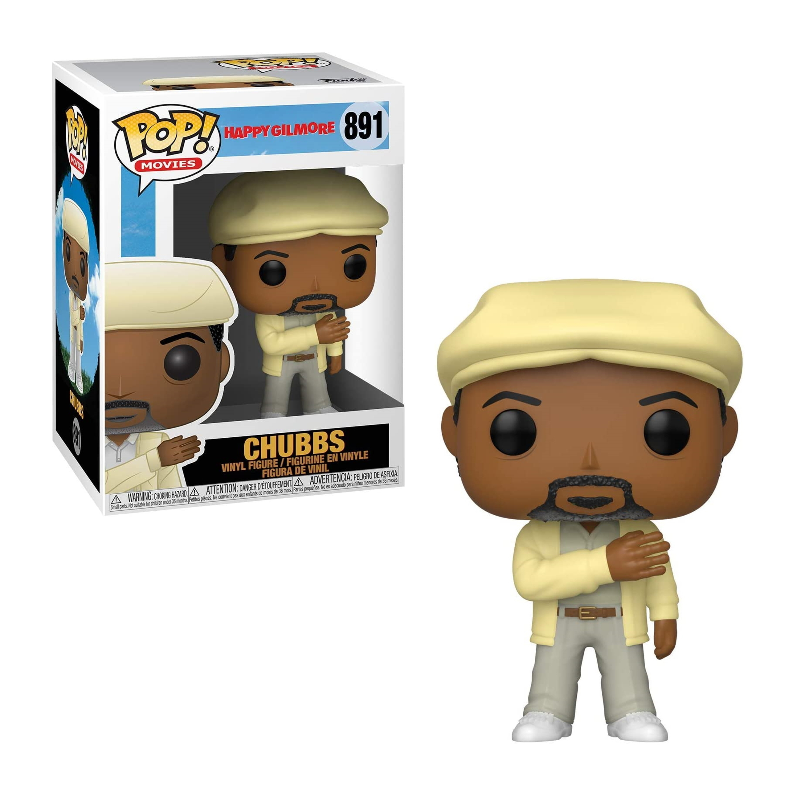 Eine Funko Pop-Figur von Chubbs, der einen gelben Hut und eine Jacke trägt, mit einem Schnurrbart, der ein Mikrofon hält.