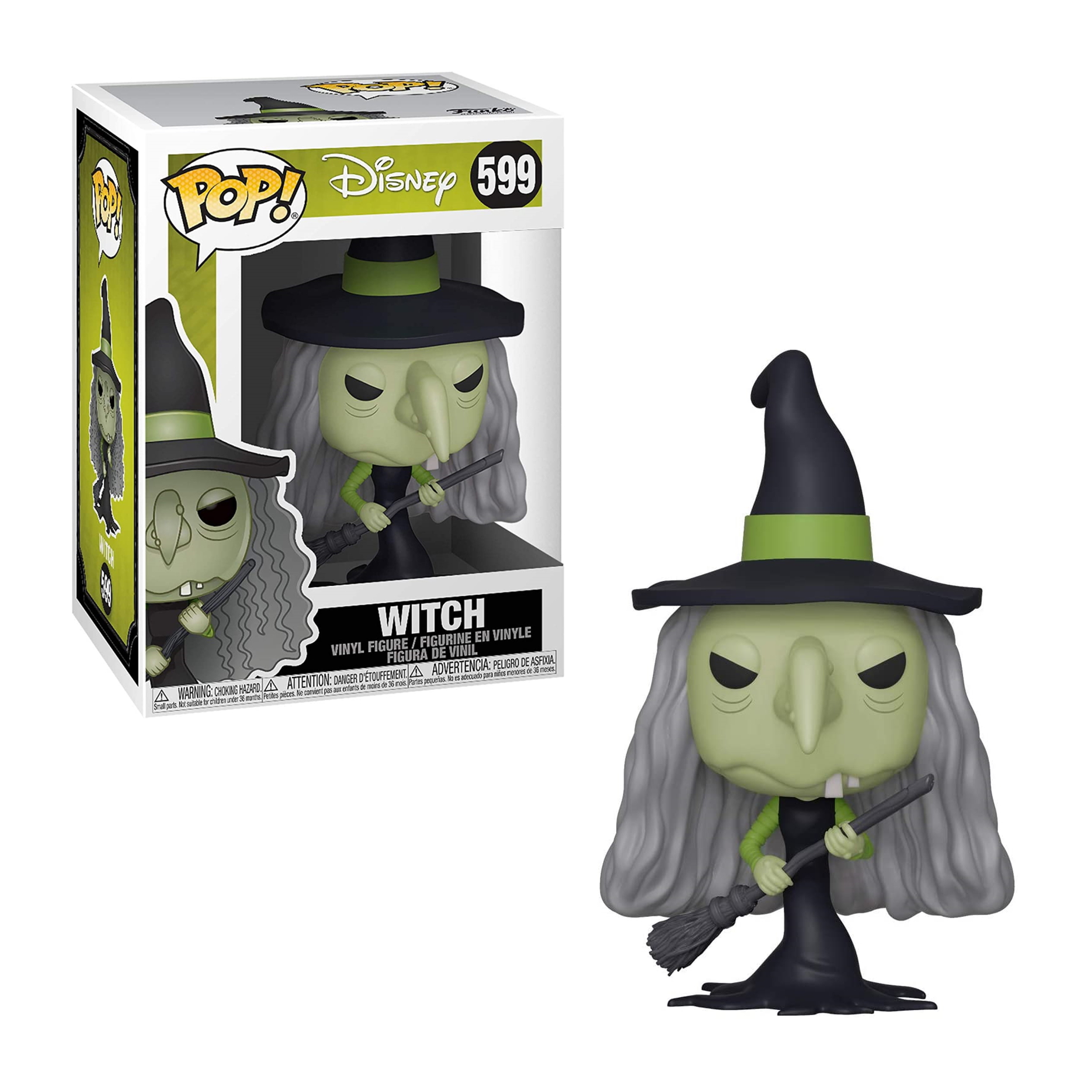 Witch Funko Pop Figur mit grüner Haut, schwarzem Hut und Besen. Boxed Version links.