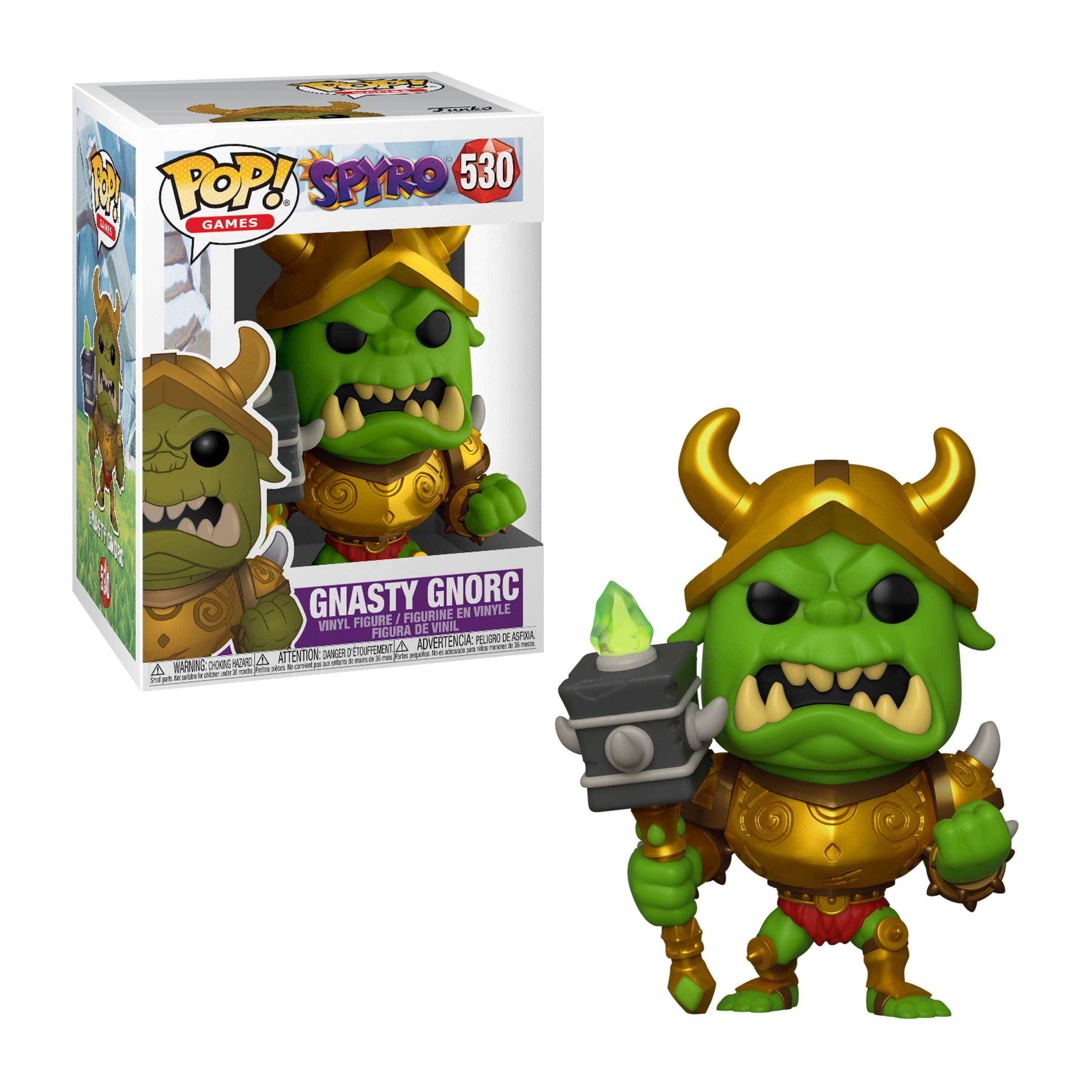 Funko Pop di un Gnar verde, con armatura dorata e un martello, con scatola, su bianco.