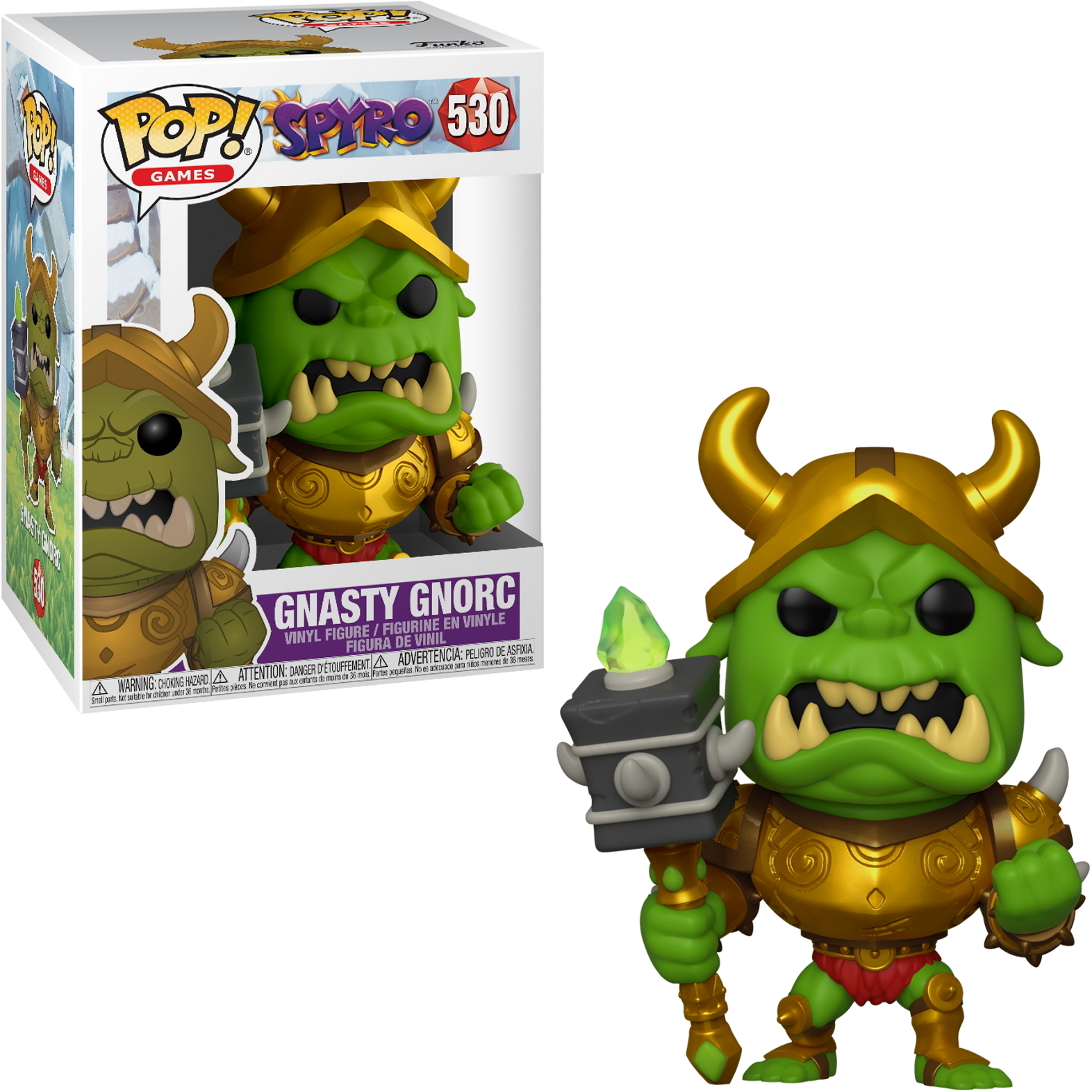 Figura di Gnasty Gnorc con viso verde, corna e armatura, che tiene un'arma, con una scatola.