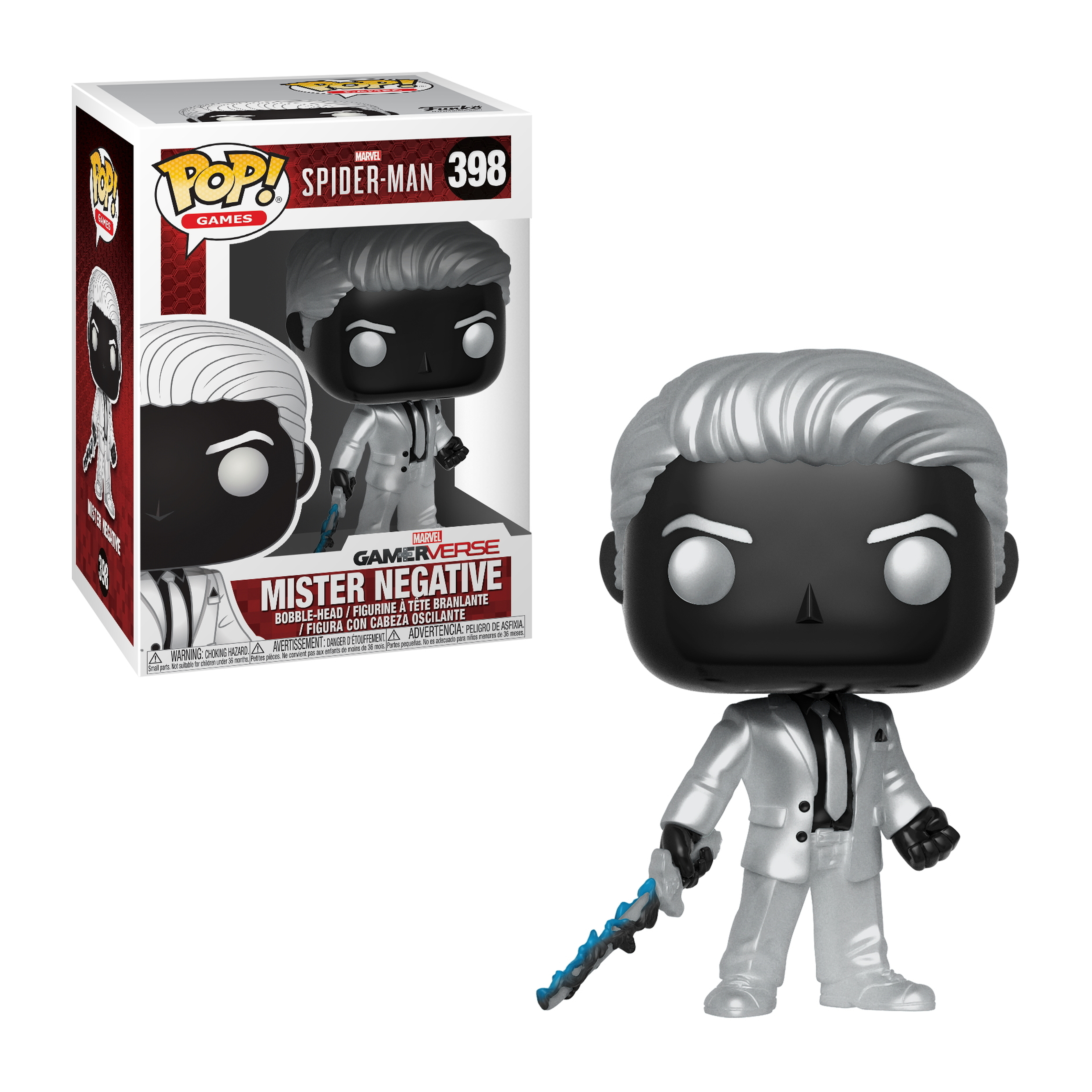 Figura Funko Pop di Mister Negative in abito bianco, con una spada blu. In scatola a sinistra.