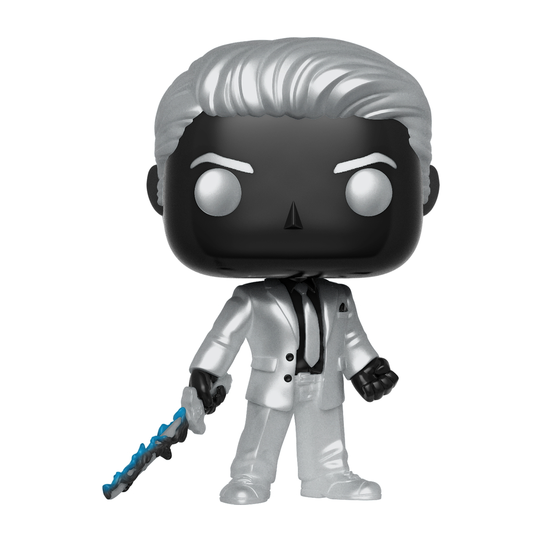 Figura Funko Pop di un uomo in abito argentato con una spada energetica blu.