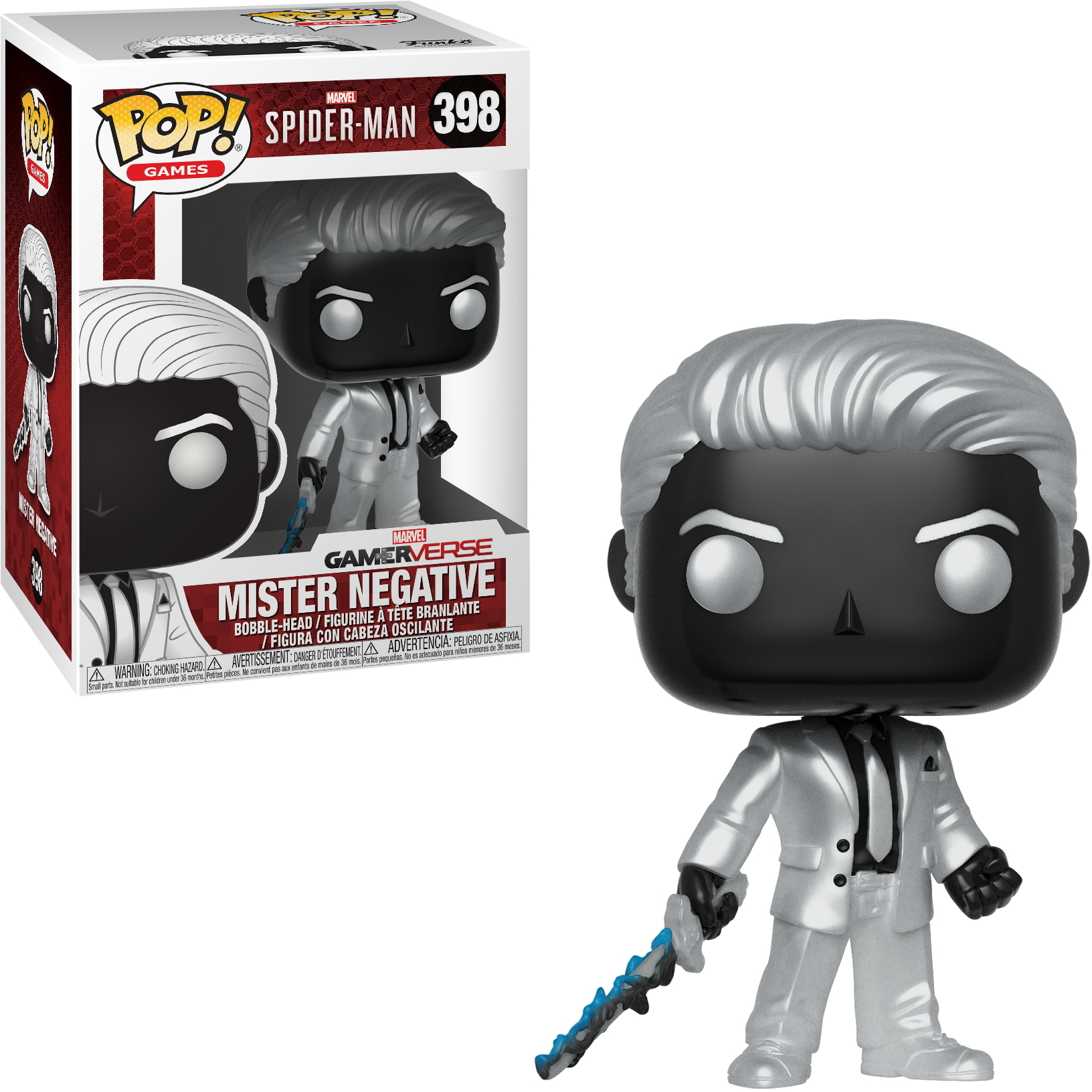 Funko Pop di Mister Negative da Spider-Man, in abito e con una lama di energia blu.