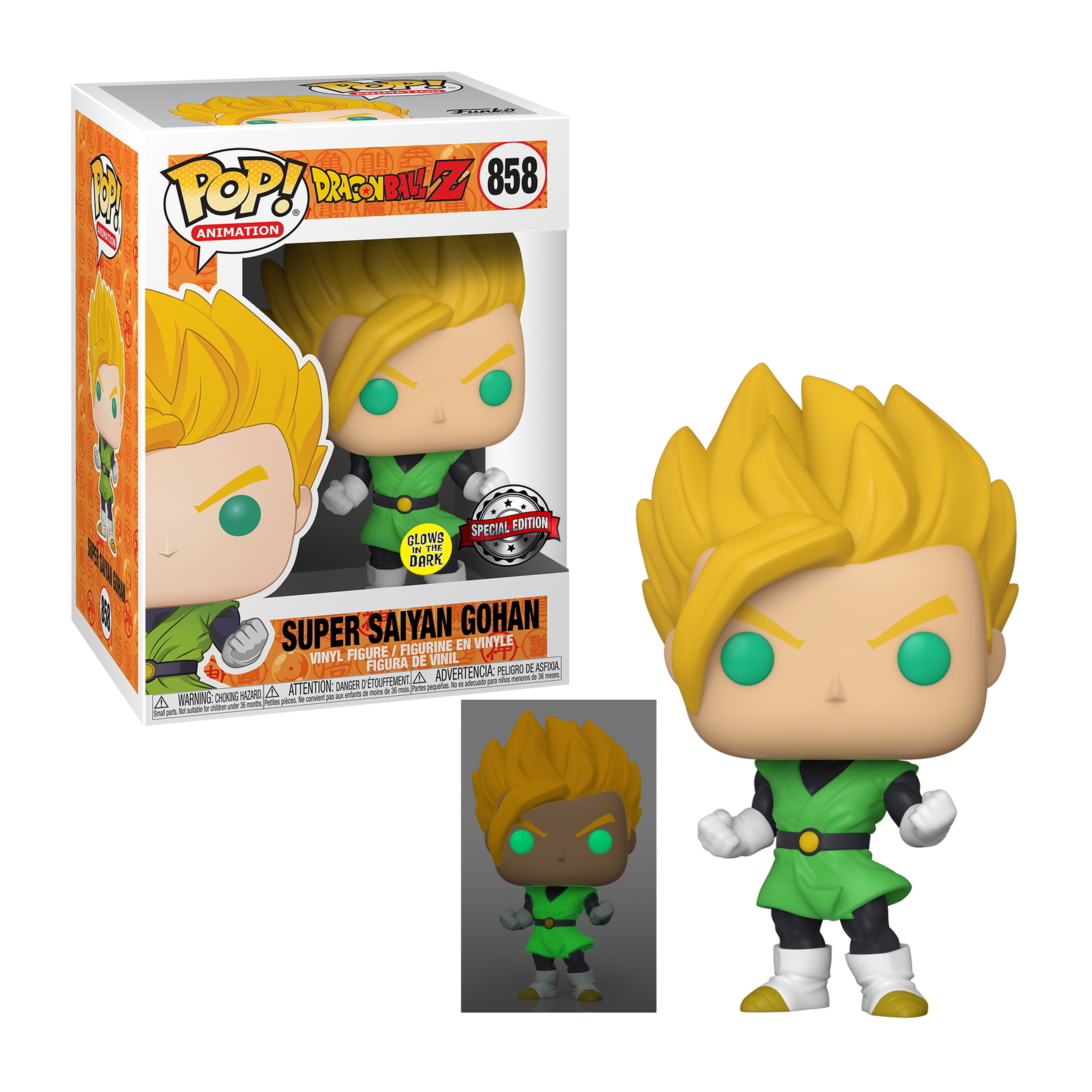 Super Saiyan Gohan Funko Pop Figur. Gelbe Haare, grünes Outfit. Boxed, Glow-in-the-Dark Edition. Dragon Ball Z.