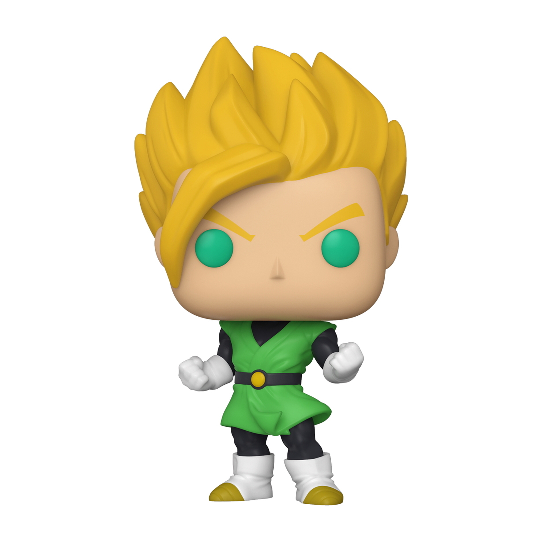 Gohan-Figur mit stacheligem gelben Haar, trägt ein grünes Outfit.