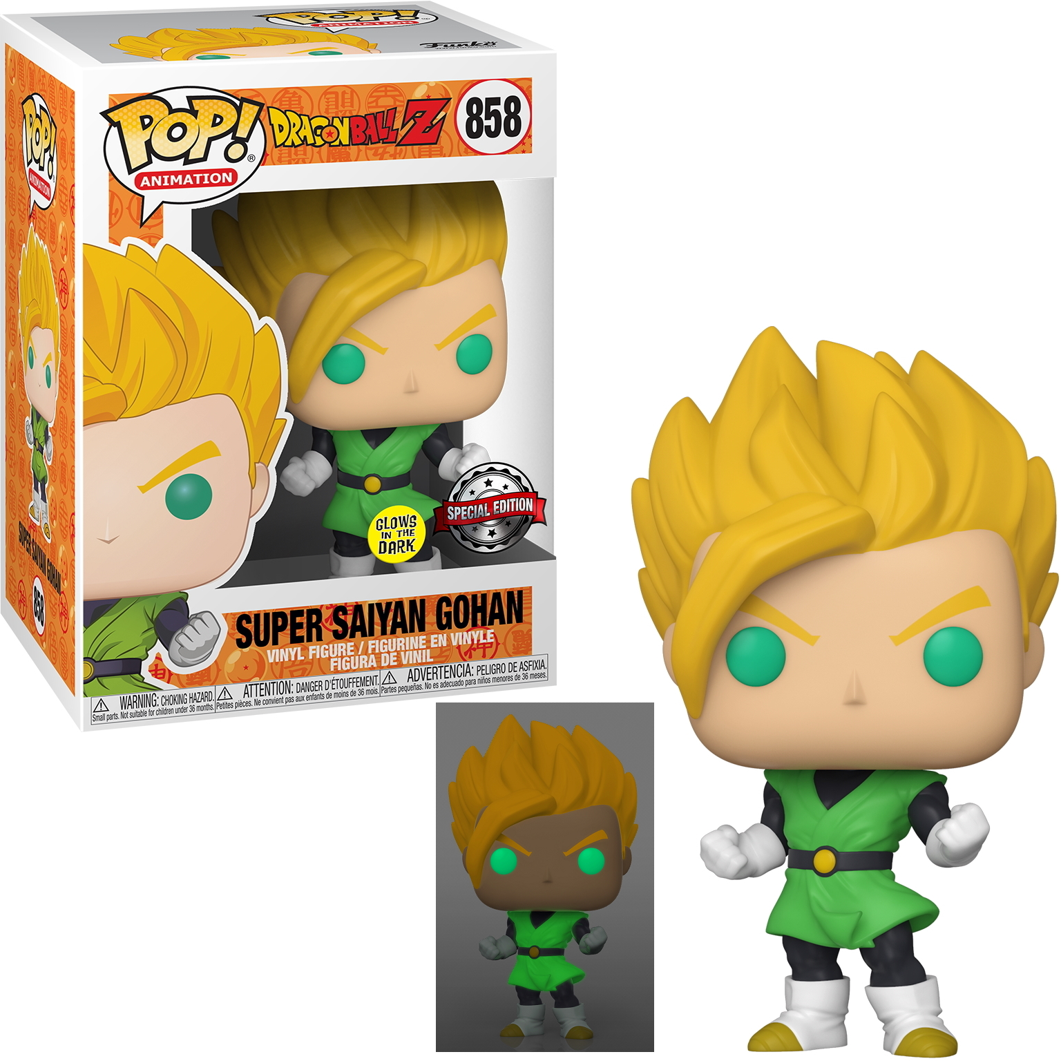 Super Saiyan Gohan Funko Pop Figur in grünem Gi, mit stacheligem gelbem Haar und Box.