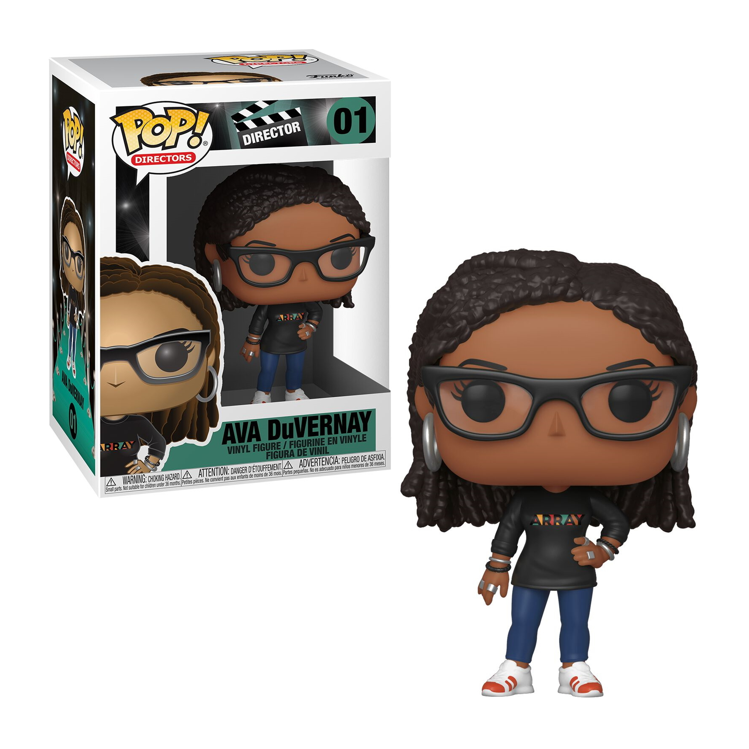 Ava DuVernay Funko Pop! Figur mit Brille und schwarzem Hemd, steht neben der Box.
