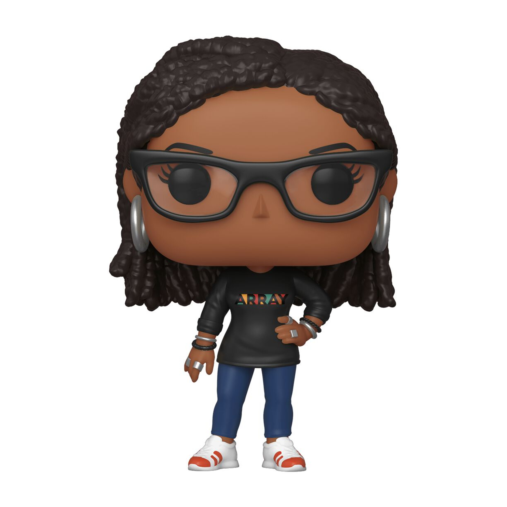 Eine schwarze Frau Funko Pop Figur mit Brille. Sie trägt ein schwarzes Hemd und blaue Jeans.