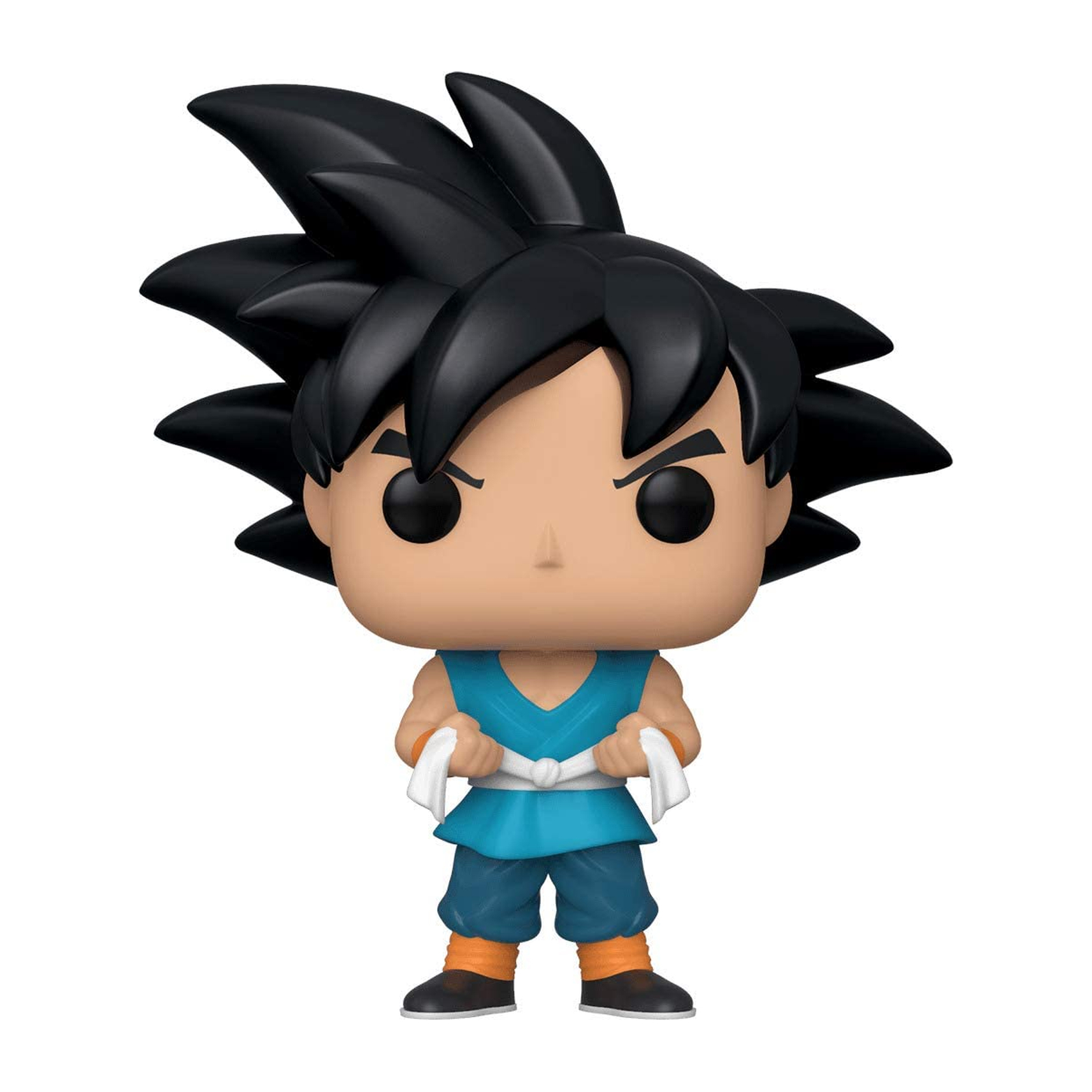 Goku Funko Pop Figur. Schwarzes, stacheliges Haar, blauer Gi, weißer Gürtel und orangefarbene Stiefel.