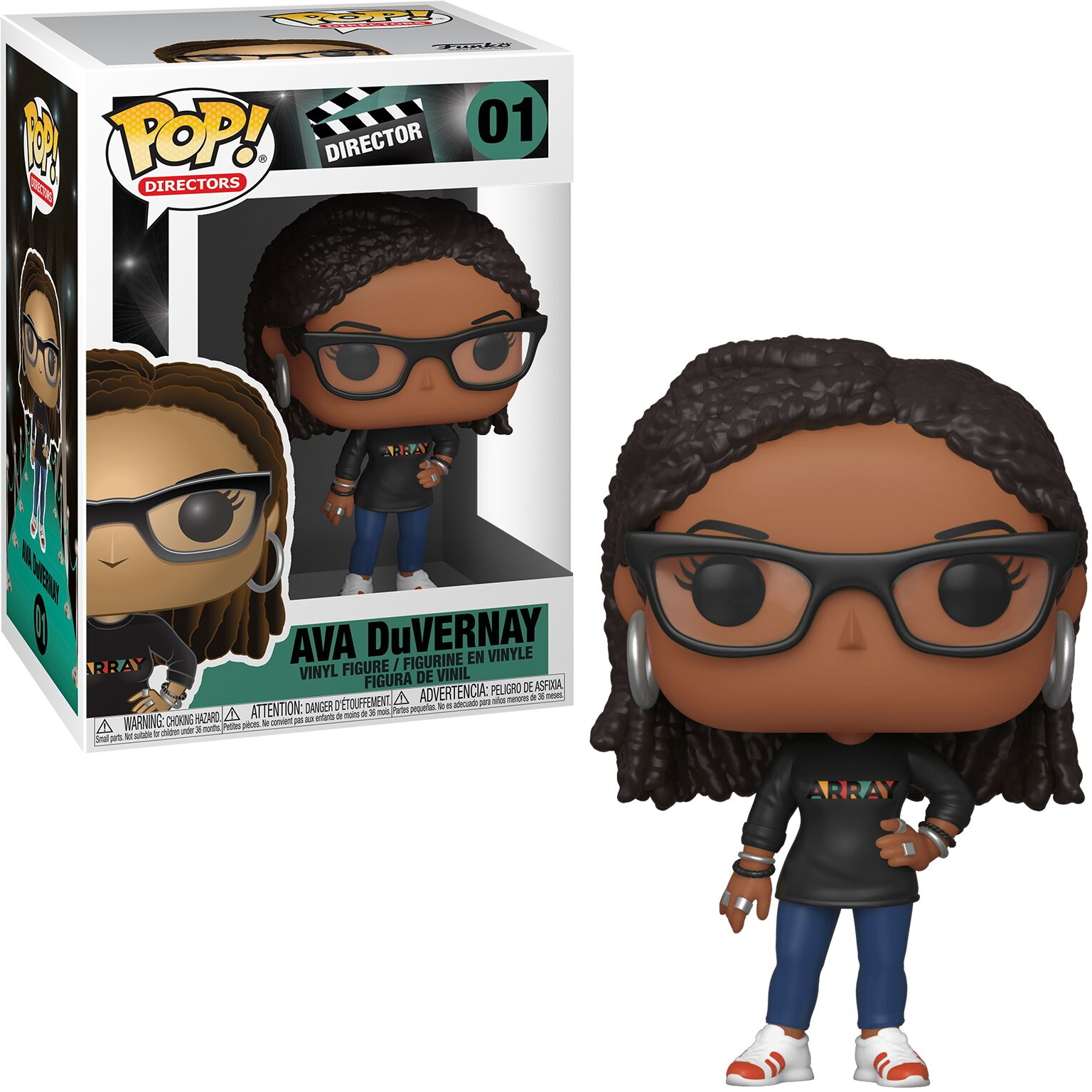 Ava DuVernay Funko Pop-Figur, trägt Brille und ein schwarzes Hemd mit dem Wort ARRAY.
