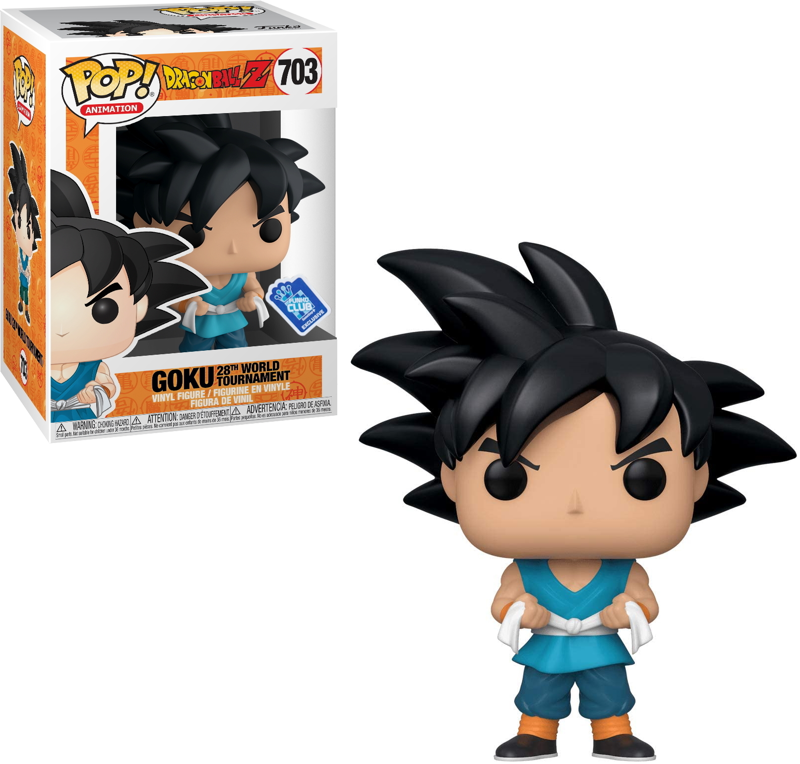 Goku Funko Pop Figur mit schwarzen, stacheligen Haaren, blauem Outfit und einer Box im Hintergrund.