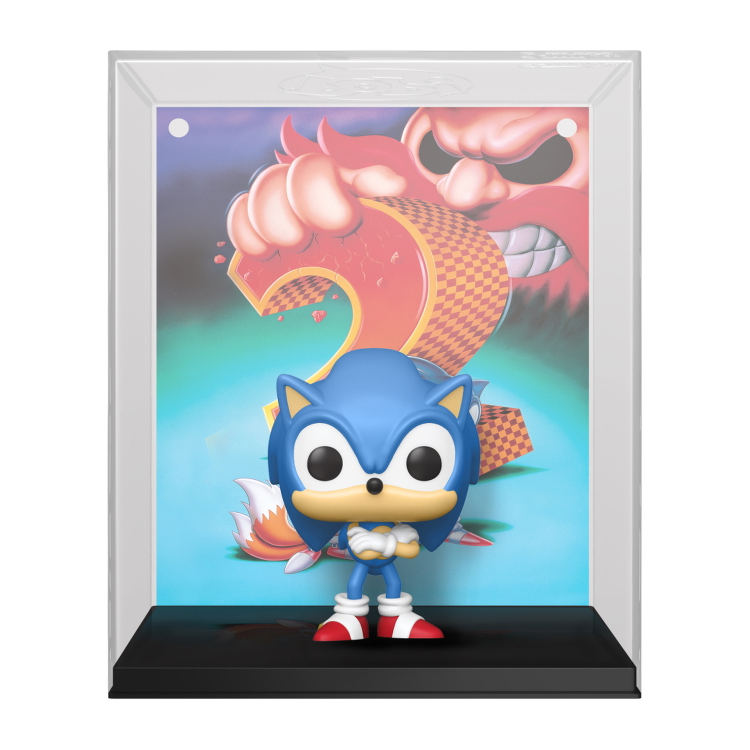 Sonic the Hedgehog Funko Pop en una vitrina. Sonic parado con los brazos cruzados, imagen de fondo.