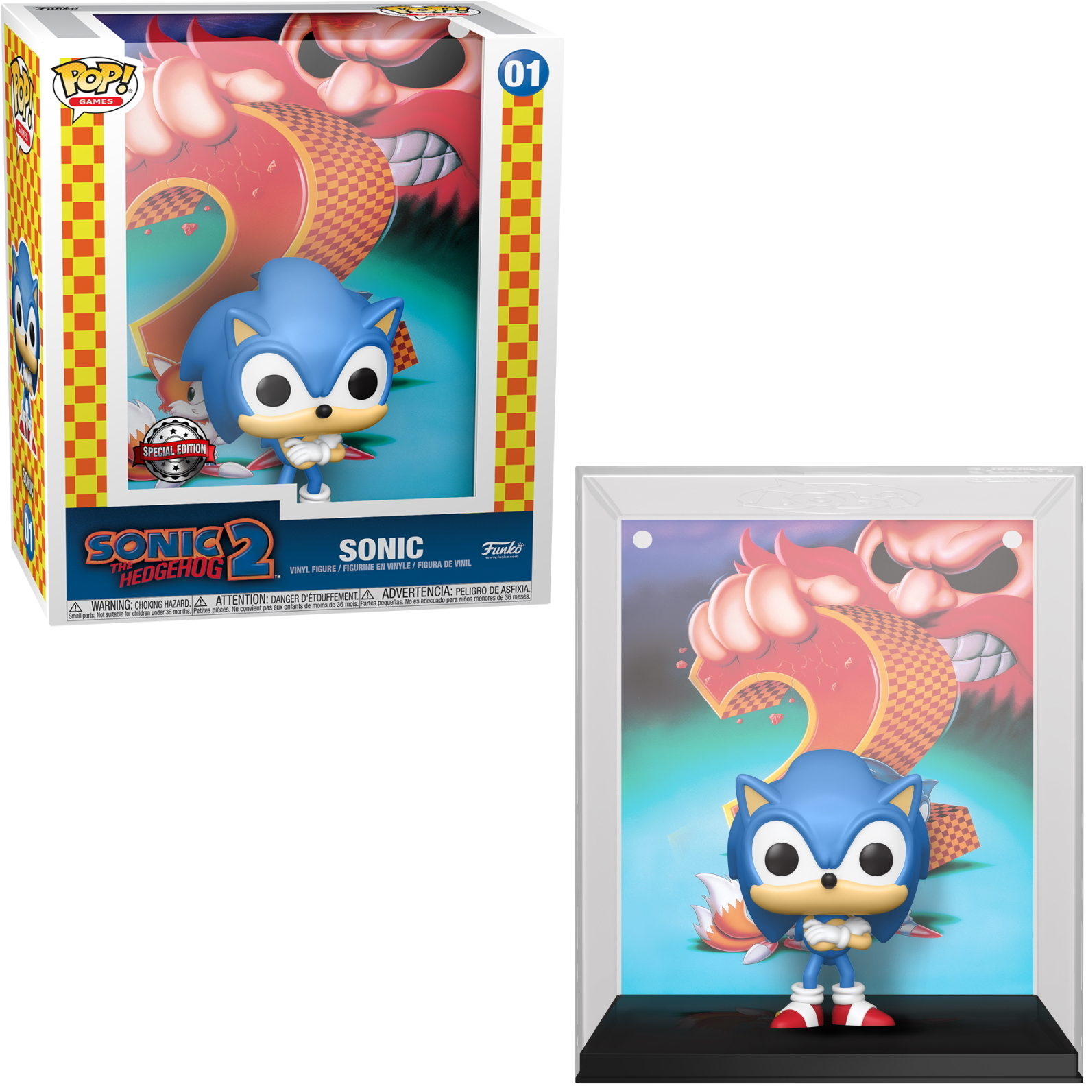 Figura Funko Pop de Sonic the Hedgehog en caja y vitrina, erizo azul con las manos juntas.