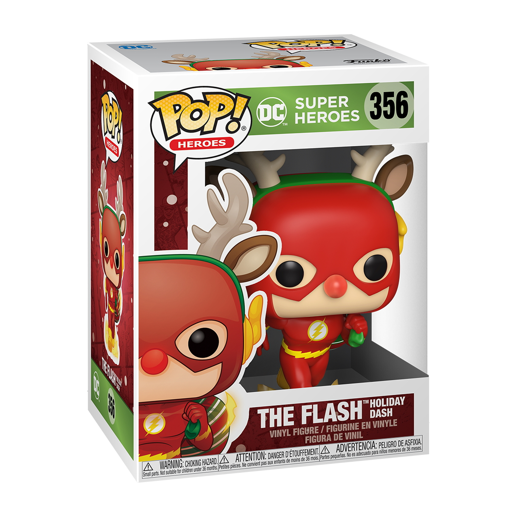 The Flash Holiday Dash Funko Pop in einer Box. Er trägt einen roten Anzug mit Rentiergeweih auf dem Helm.