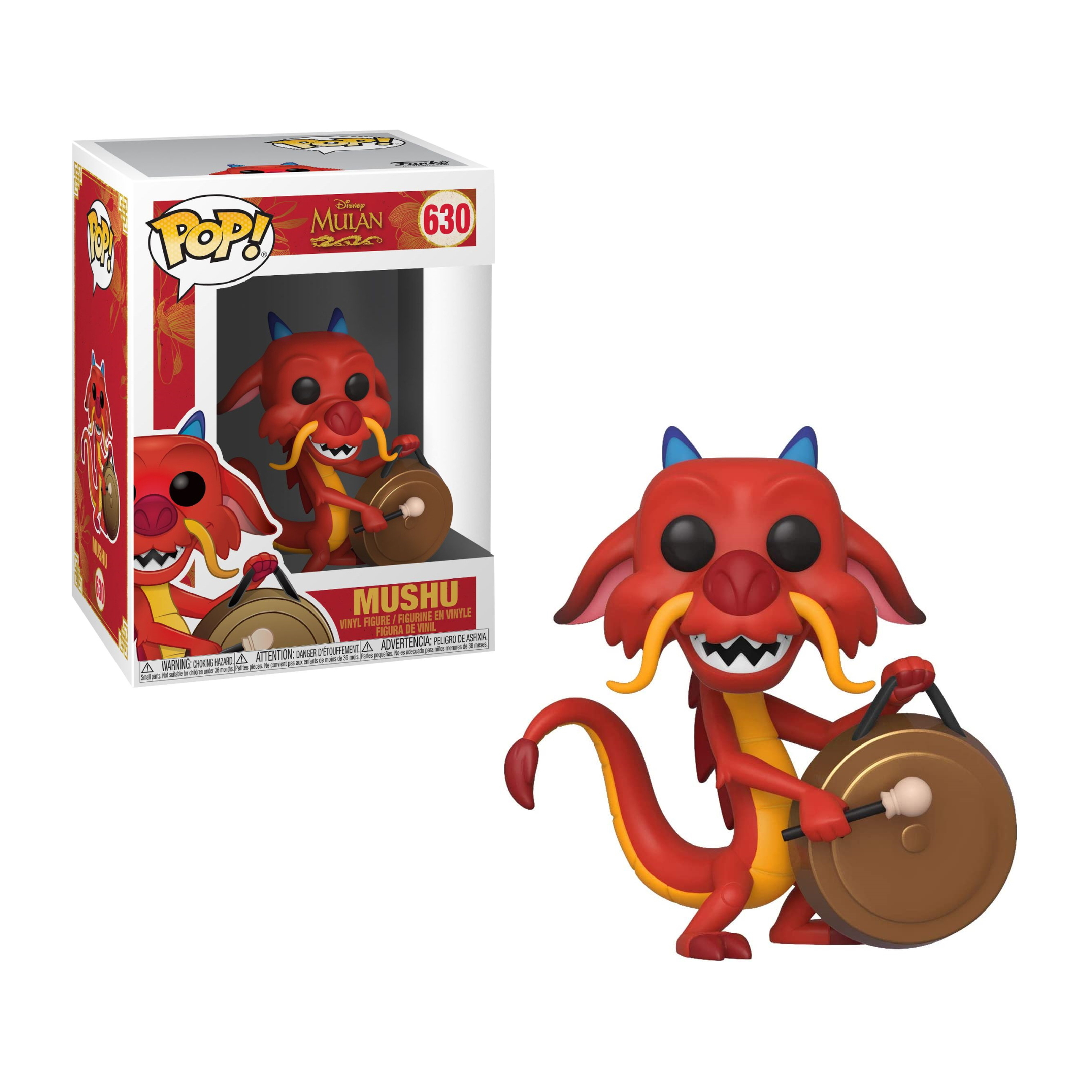 Figura del dragón Mushu golpeando un gong. Dragón rojo con cuernos y bigote amarillos. En caja.
