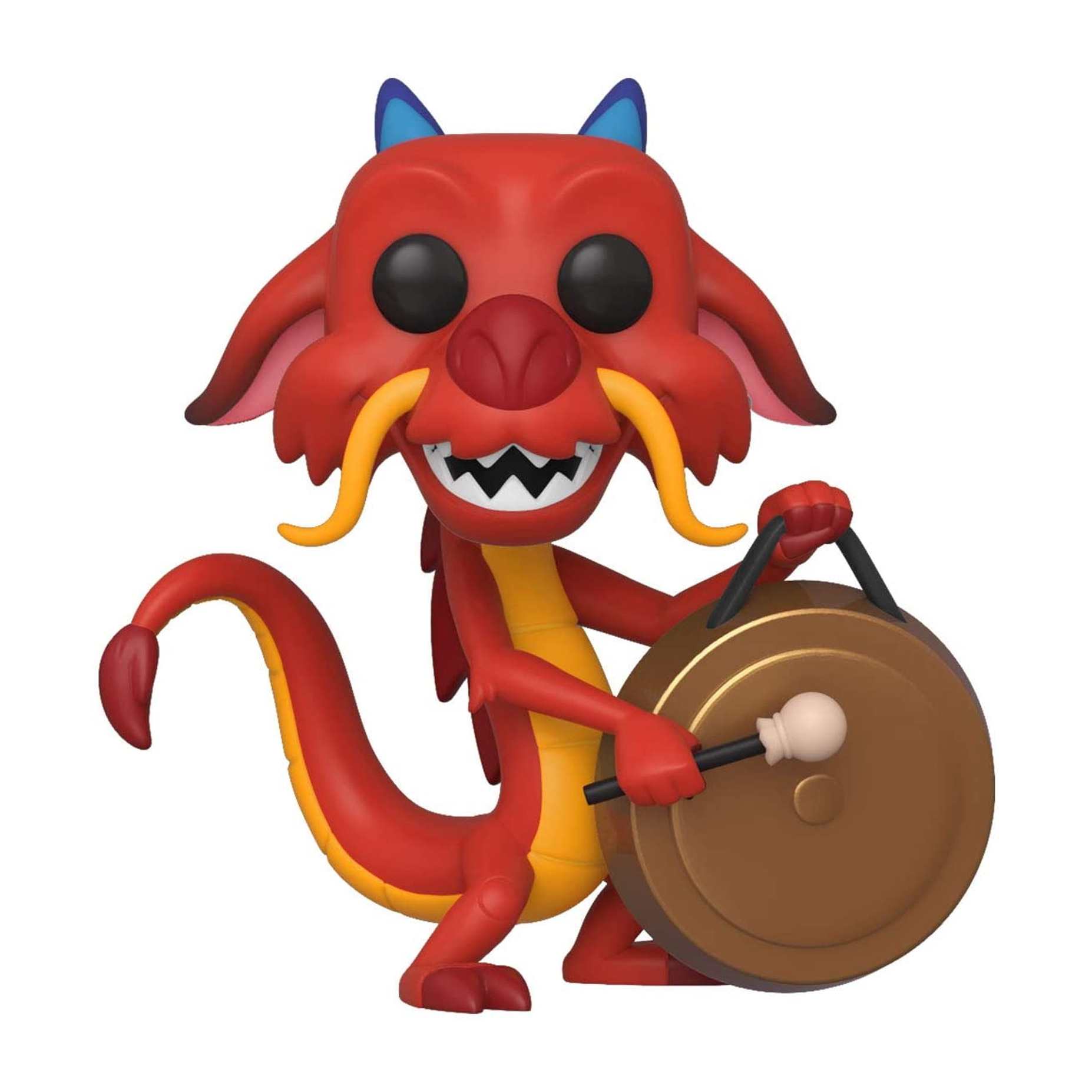 Figura Funko Pop de Mushu, dragón rojo sosteniendo un gong y una maza.