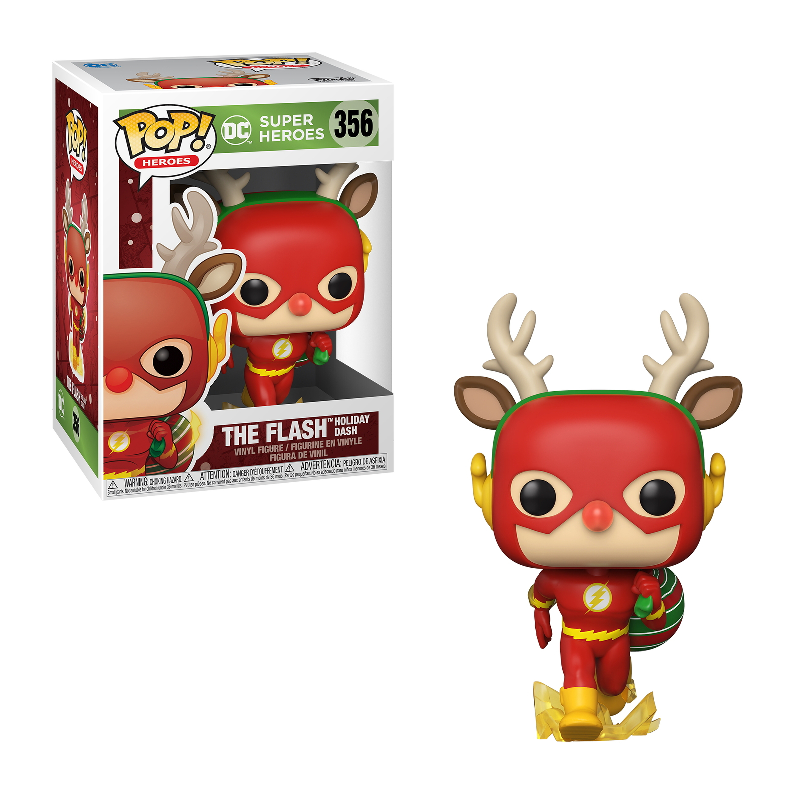 Funko Pop von The Flash im Rentierkostüm, rennt mit Geschenkbeutel, rot und gelb.