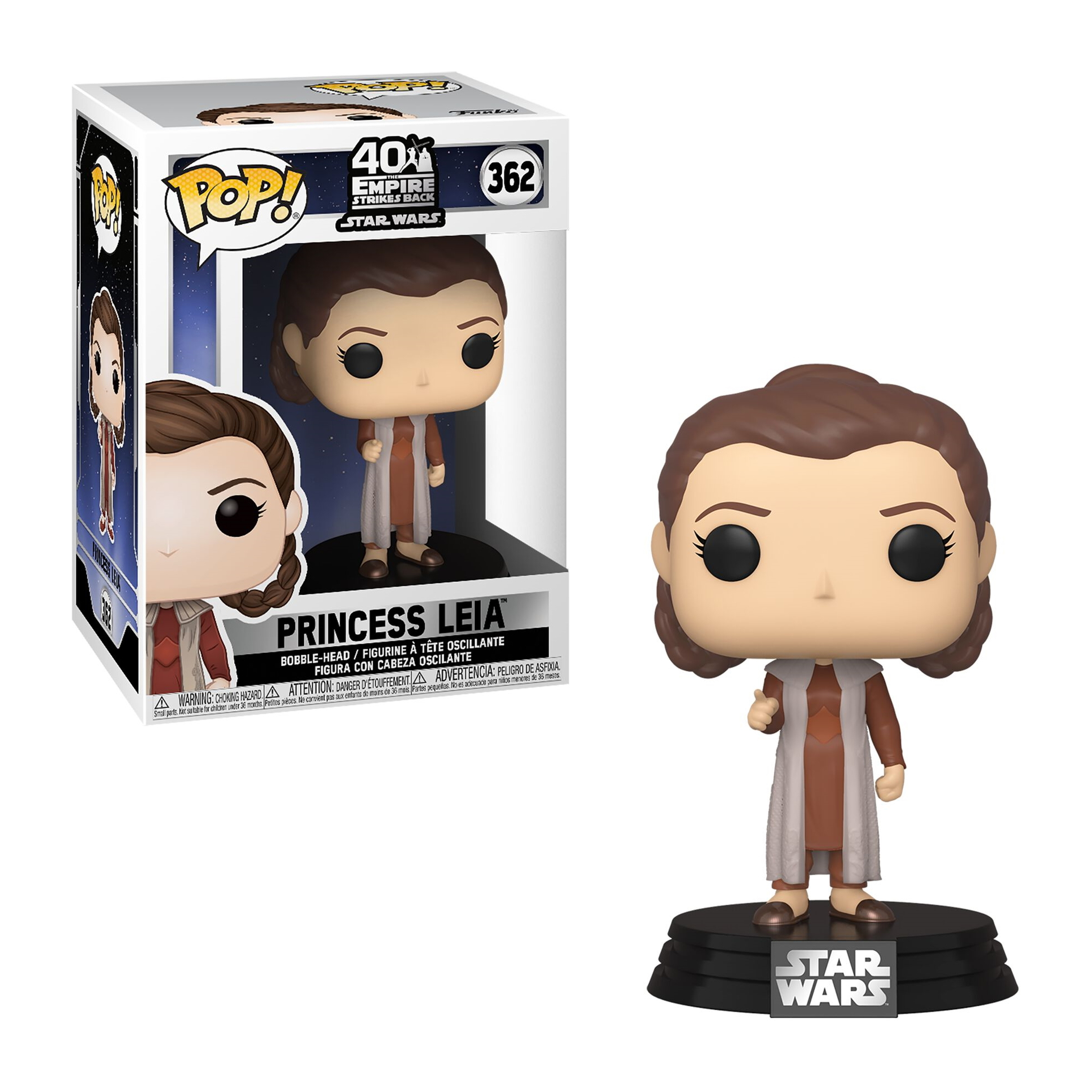 Prinzessin Leia Funko POP Figur, die ein weißes Outfit trägt, auf einem schwarzen Ständer.