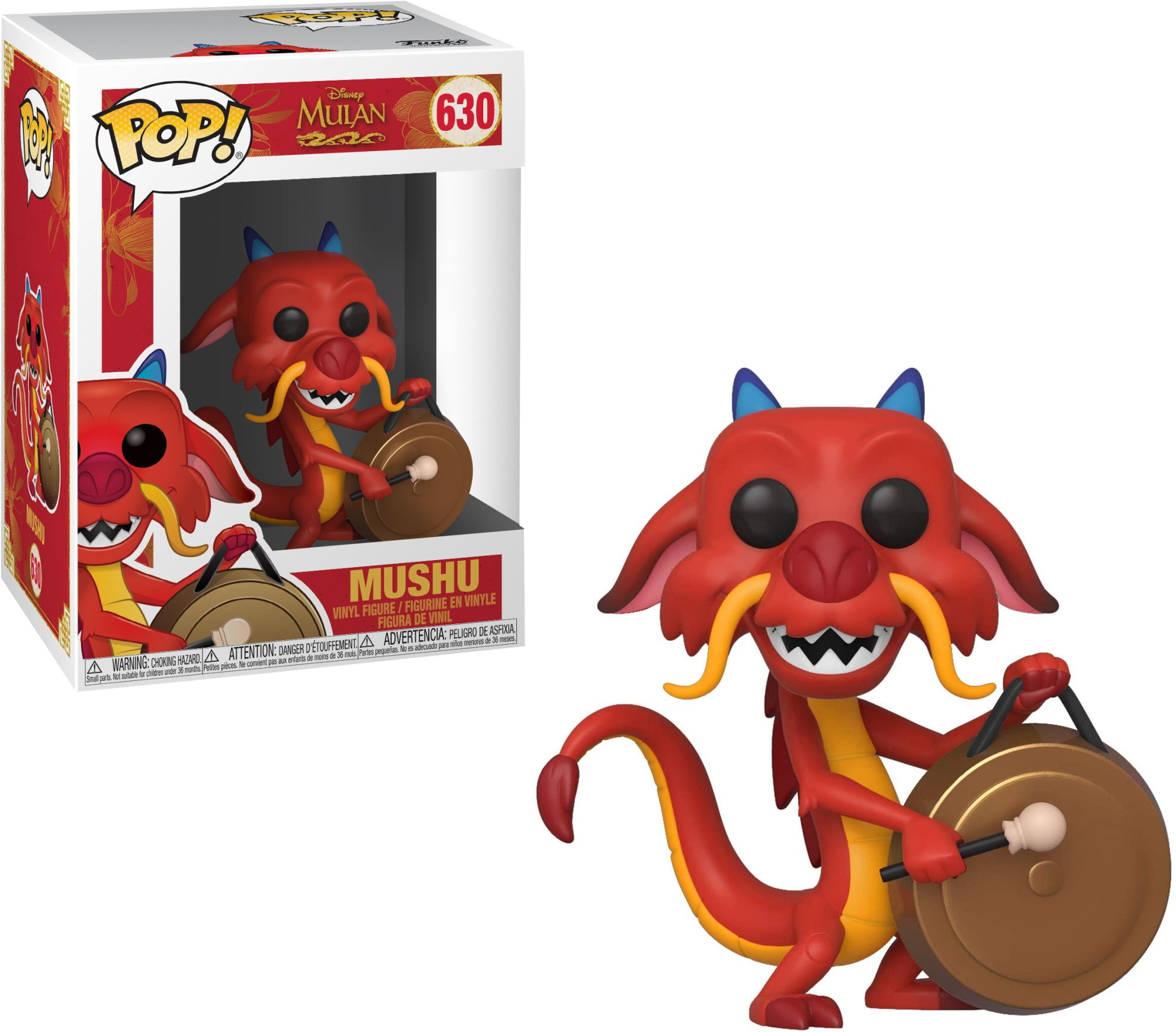 Figura Funko Pop de Mushu. Dragón rojo con un gong, de Mulan de Disney. En caja a la izquierda.