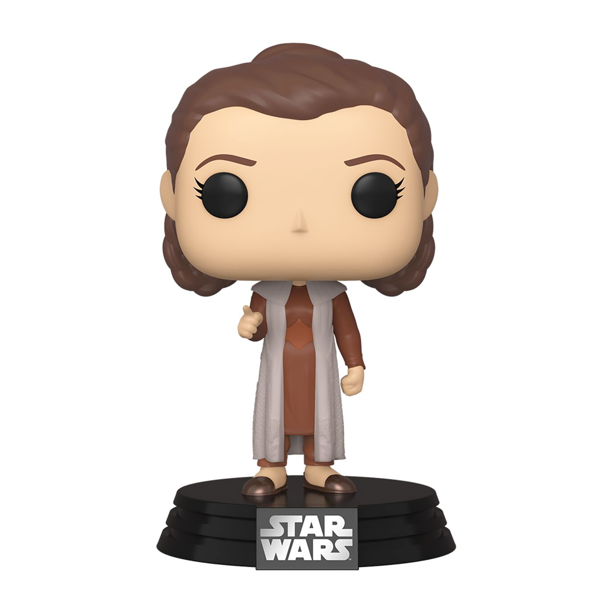 Padmé Amidala Funko Pop Figur, in braun-weißem Outfit, auf Star Wars Basis stehend.