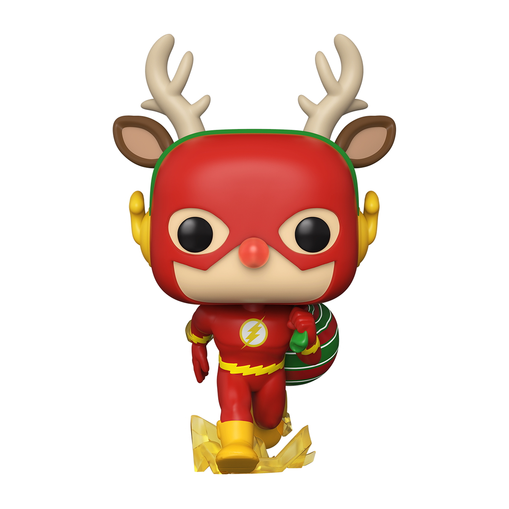 The Flash Funko Pop Figur, mit einem Rentiergeweih-Stirnband und einer Geschenkbox. Laufpose.