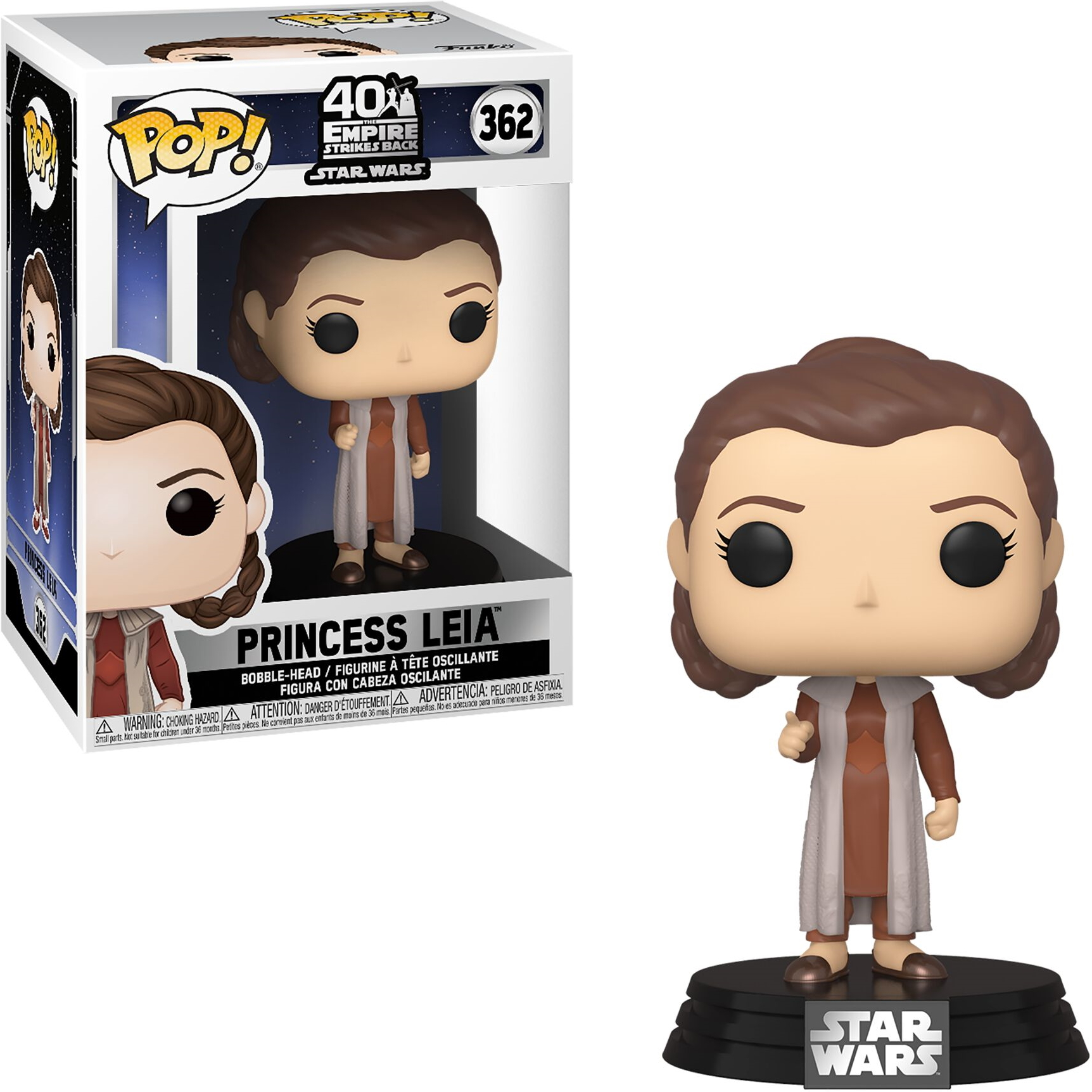 Prinzessin Leia Funko Pop Figur in einer Box. Leia mit braunem Outfit und Frisur.