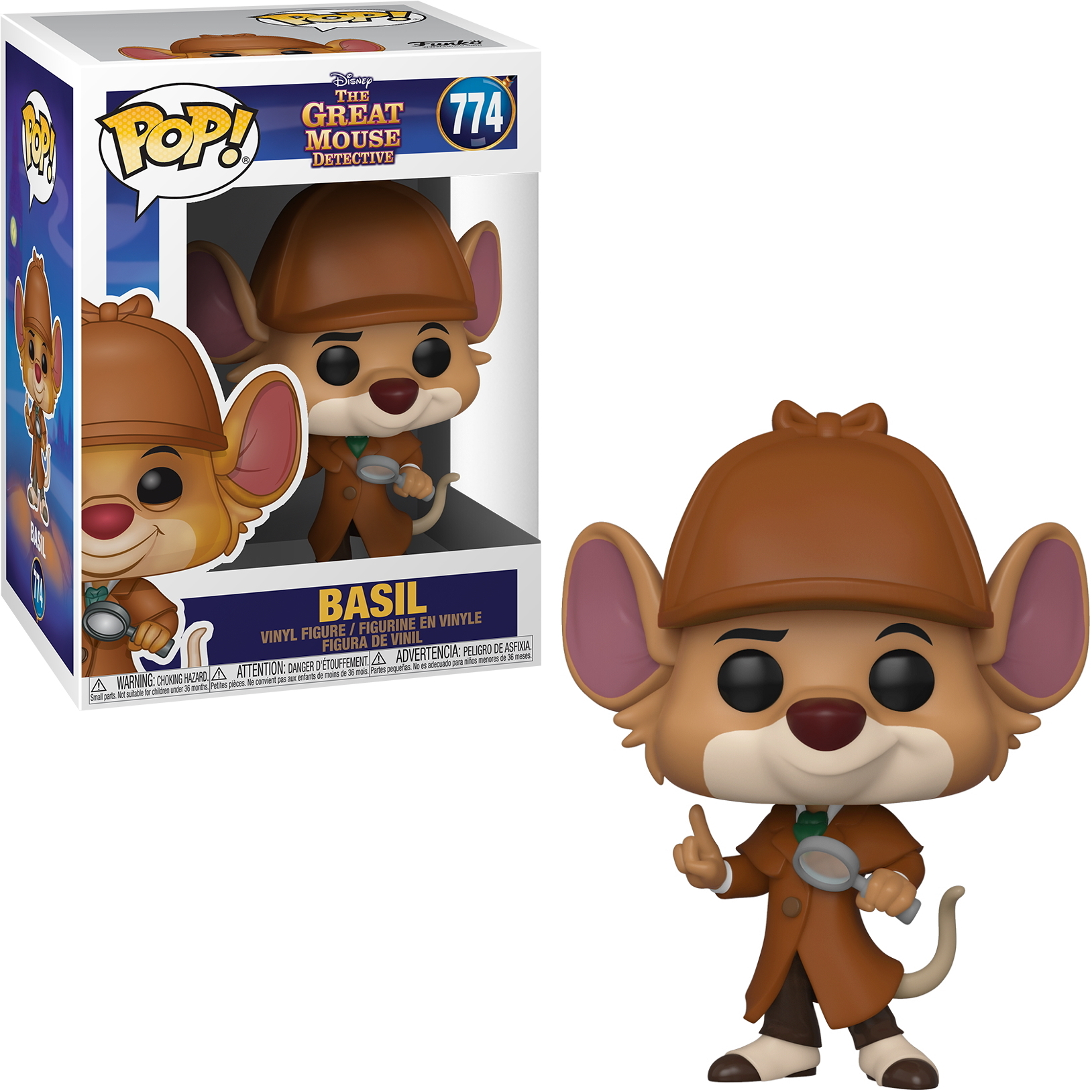 Figurka Bazyla z brązowym płaszczem, szkłem powiększającym i pudełkiem.