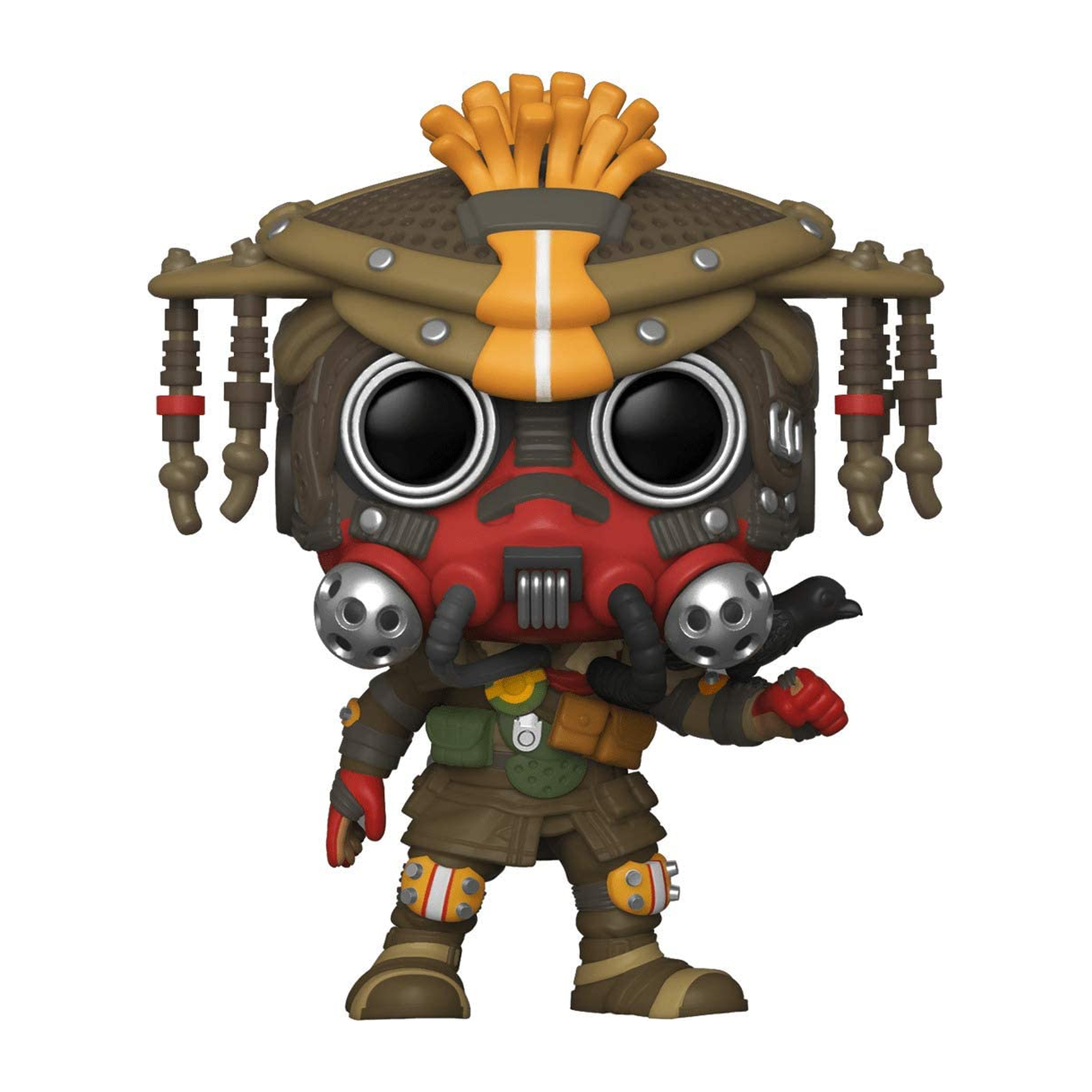 Bloodhound Funko Pop. Zamaskowana postać, czerwona maska, brązowy strój, trzymający ptaka. Pozycja stojąca.