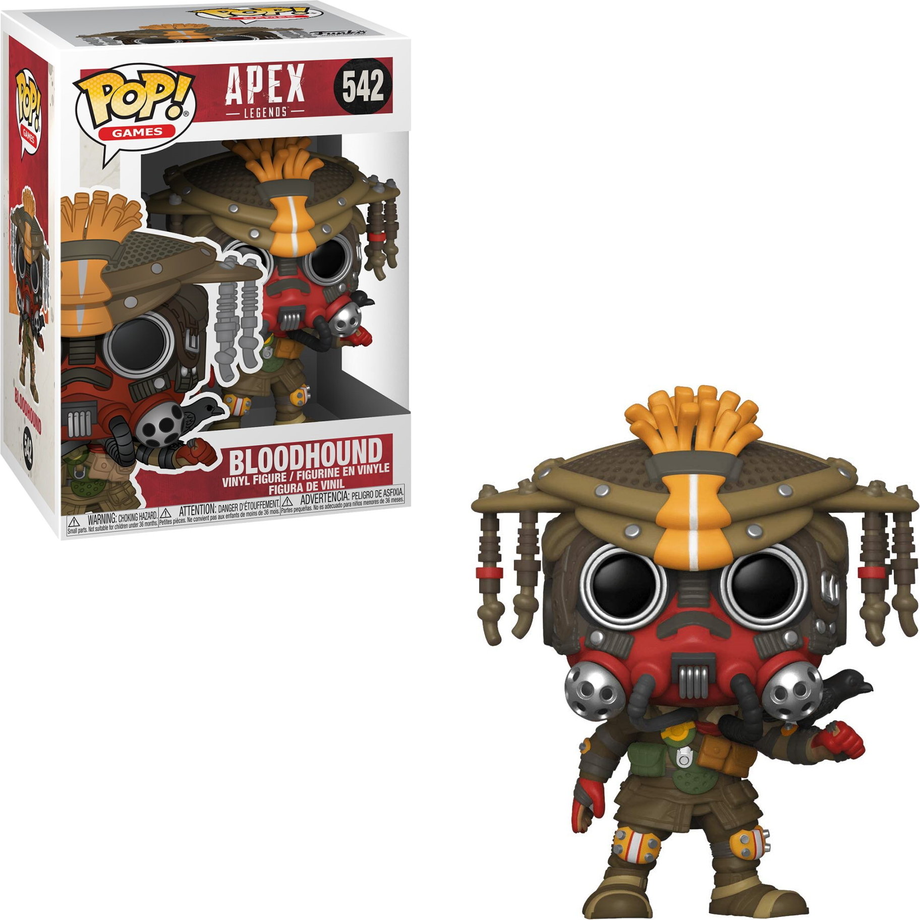 Figurka Bloodhound Funko Pop w pudełku. Kolory czerwony, pomarańczowy i brązowy. Zbroja i maska, z goglami.