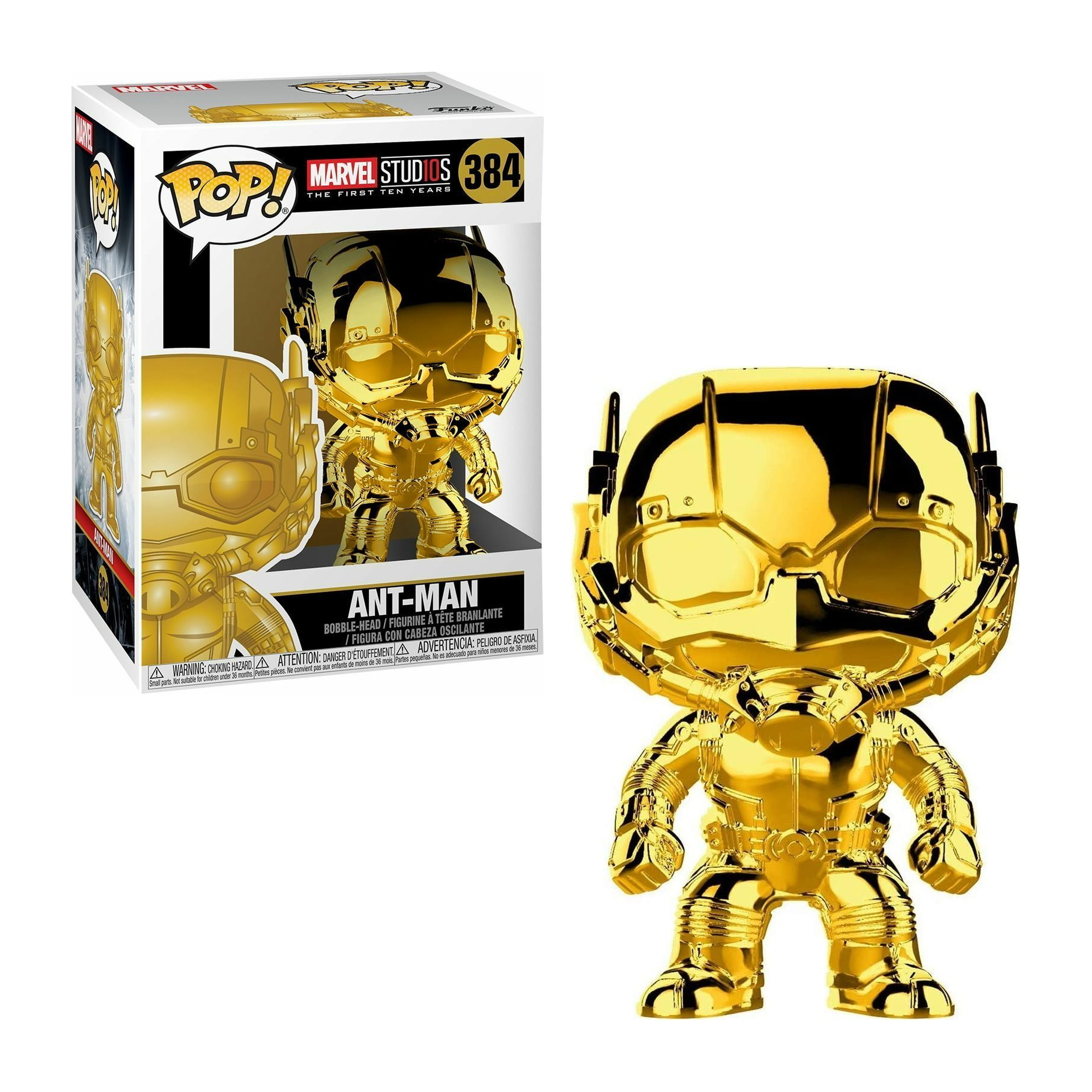 Figura Funko Pop di Ant-Man dorato. Finitura oro metallizzato, in scatola. La scatola ha il marchio Ant-Man e Marvel Studios.