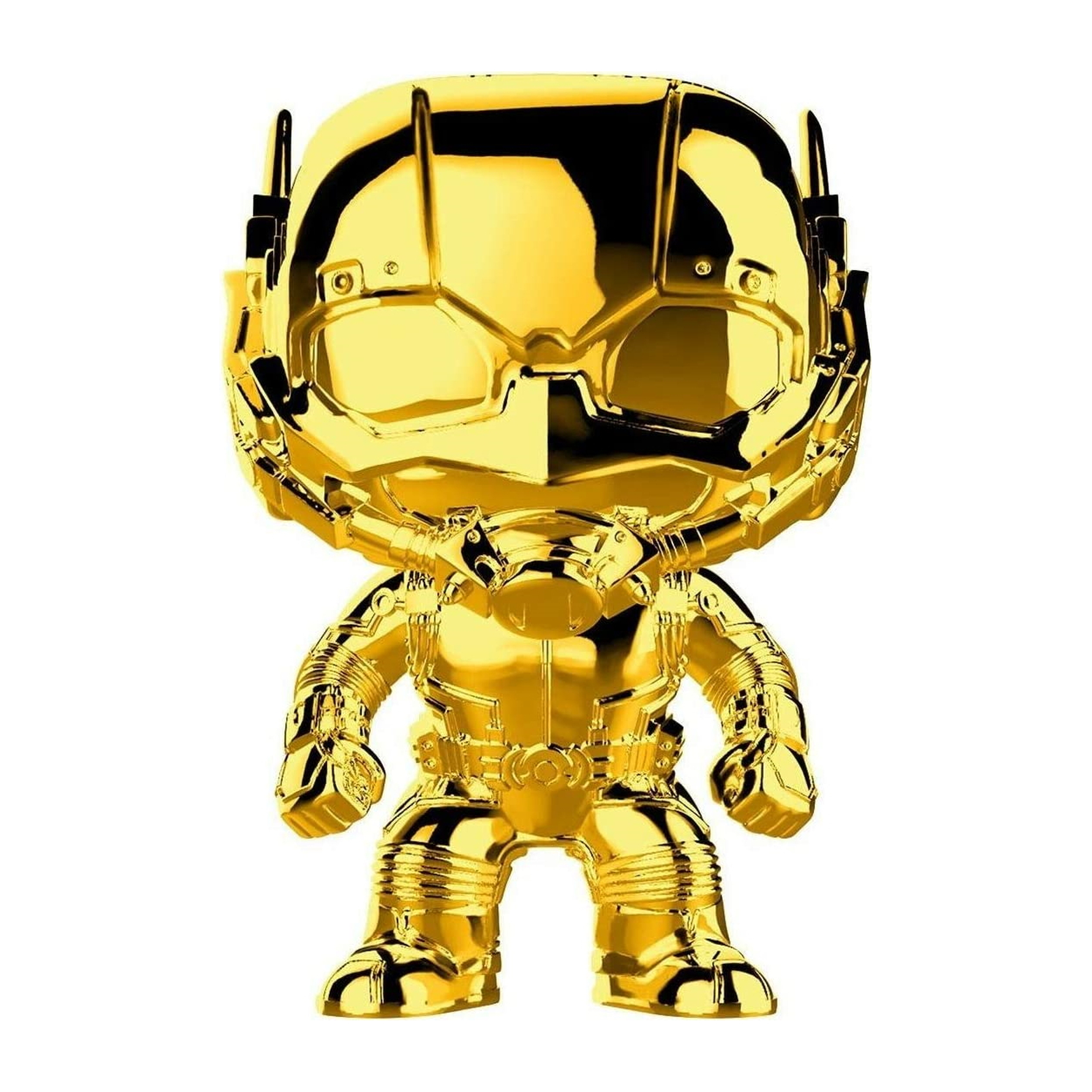 La statuetta d'oro di Ant-Man in posa eroica, con elmetto e tuta dorati.