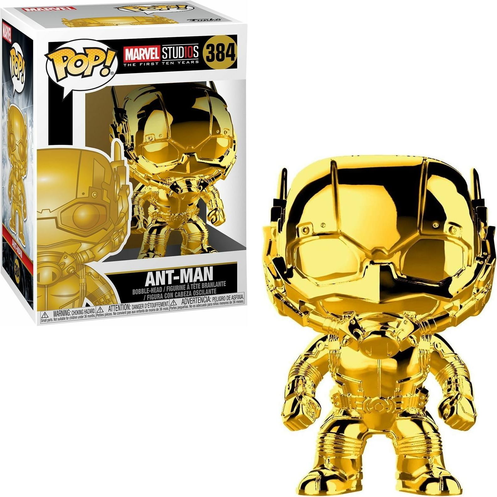 Figura dorata di Ant-Man. In una scatola Pop!. Figura dorata brillante del supereroe.