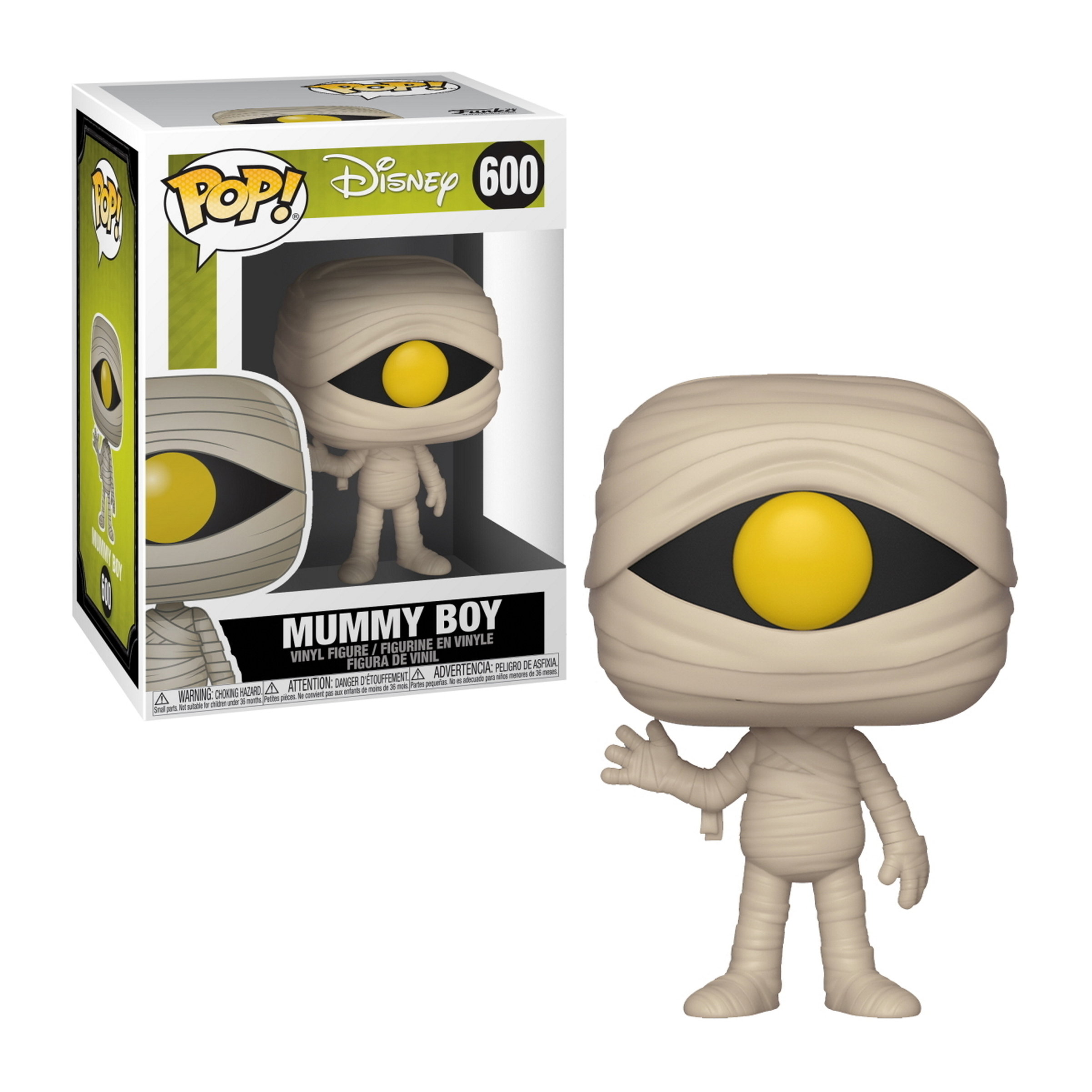Statua Mummy Boy Funko Pop con bende e occhio giallo. Scatola con immagine della statua.