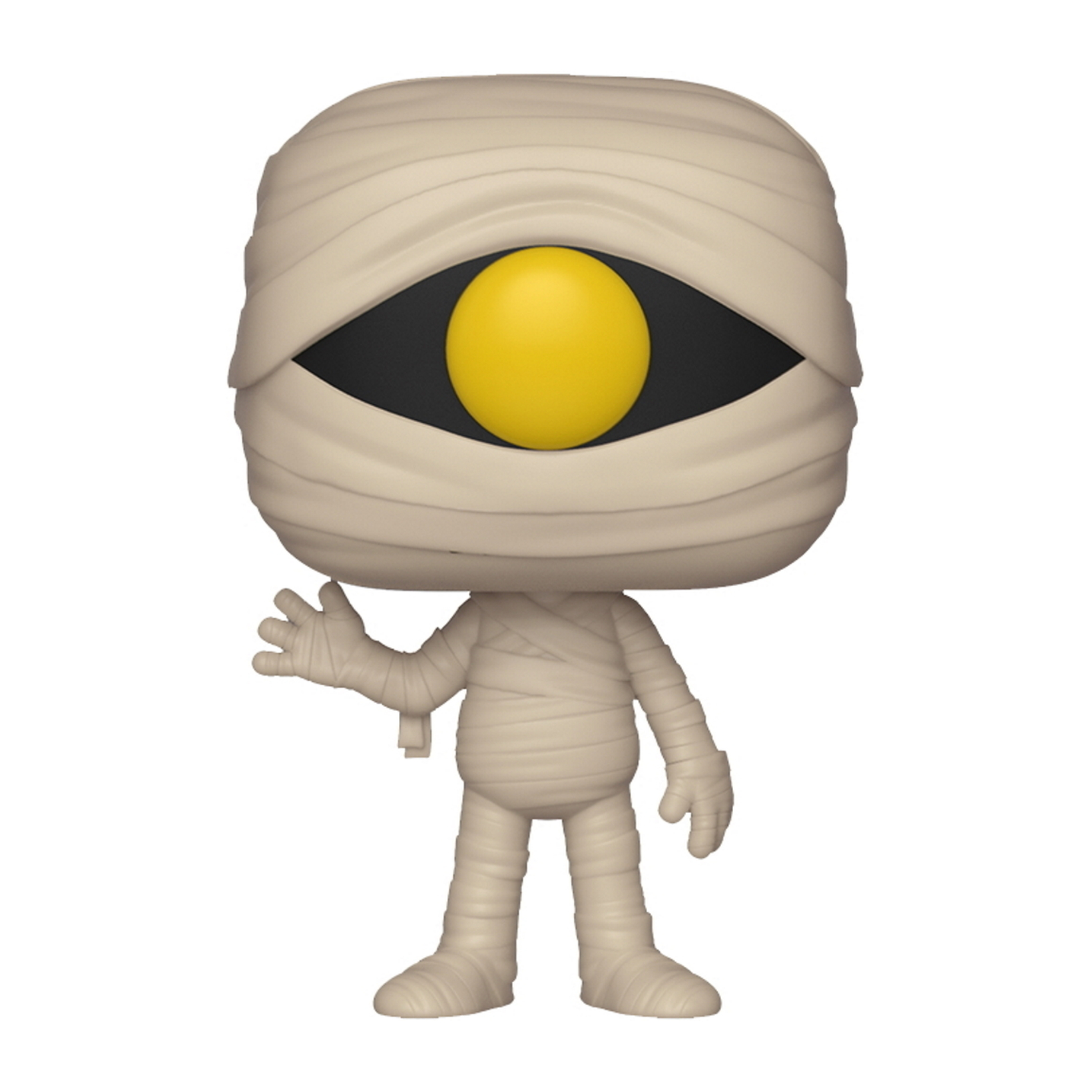 Figura di mummia con un occhio giallo, avvolta in bende. Su sfondo bianco.