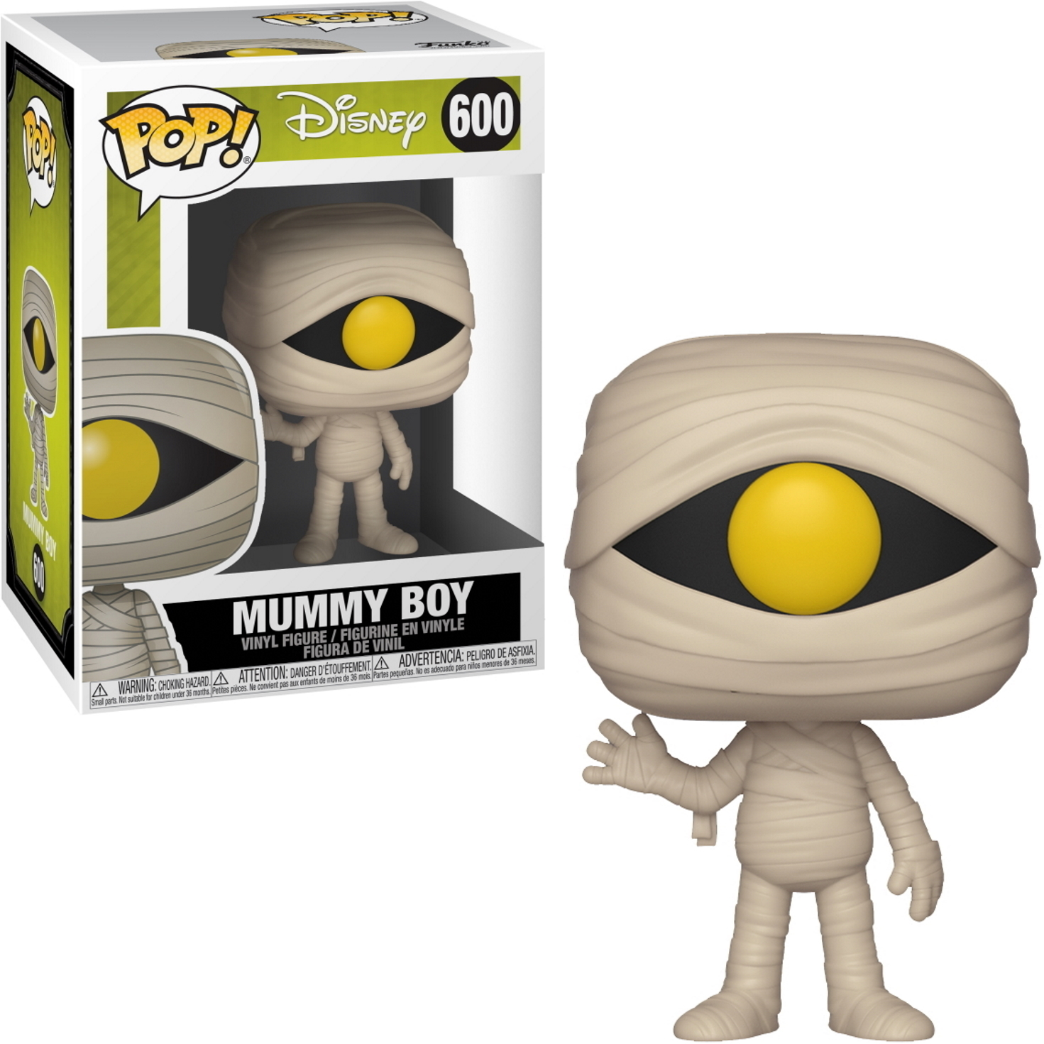 Figura Funko Pop di Mummy Boy. Figura beige avvolta con un grande occhio giallo. Scatola mostra immagine simile.