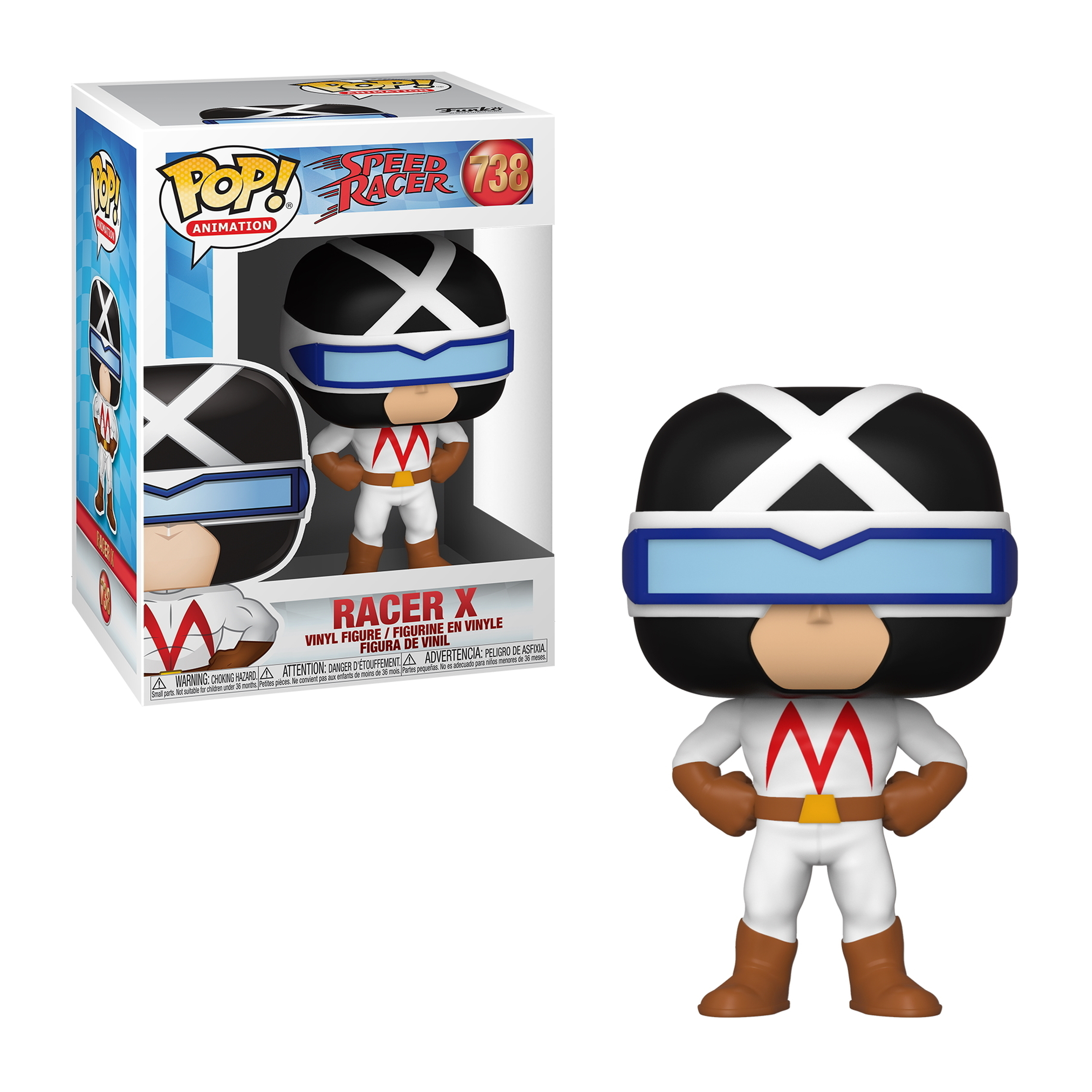 Racer X Funko Pop Figur, weißer Anzug, schwarzes Haar, blaues Visier. Boxed Version links.