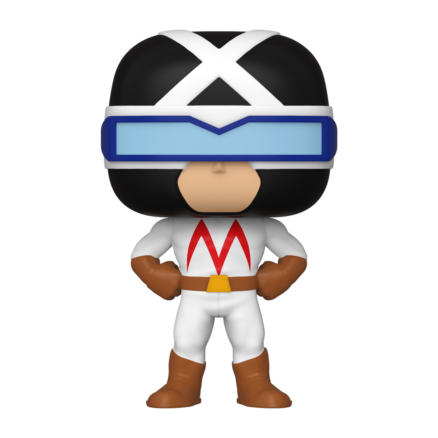 Speed Racer Funko Pop Figur. Schwarzer Helm mit weißem X, weißer Anzug mit rotem M. Braune Stiefel.