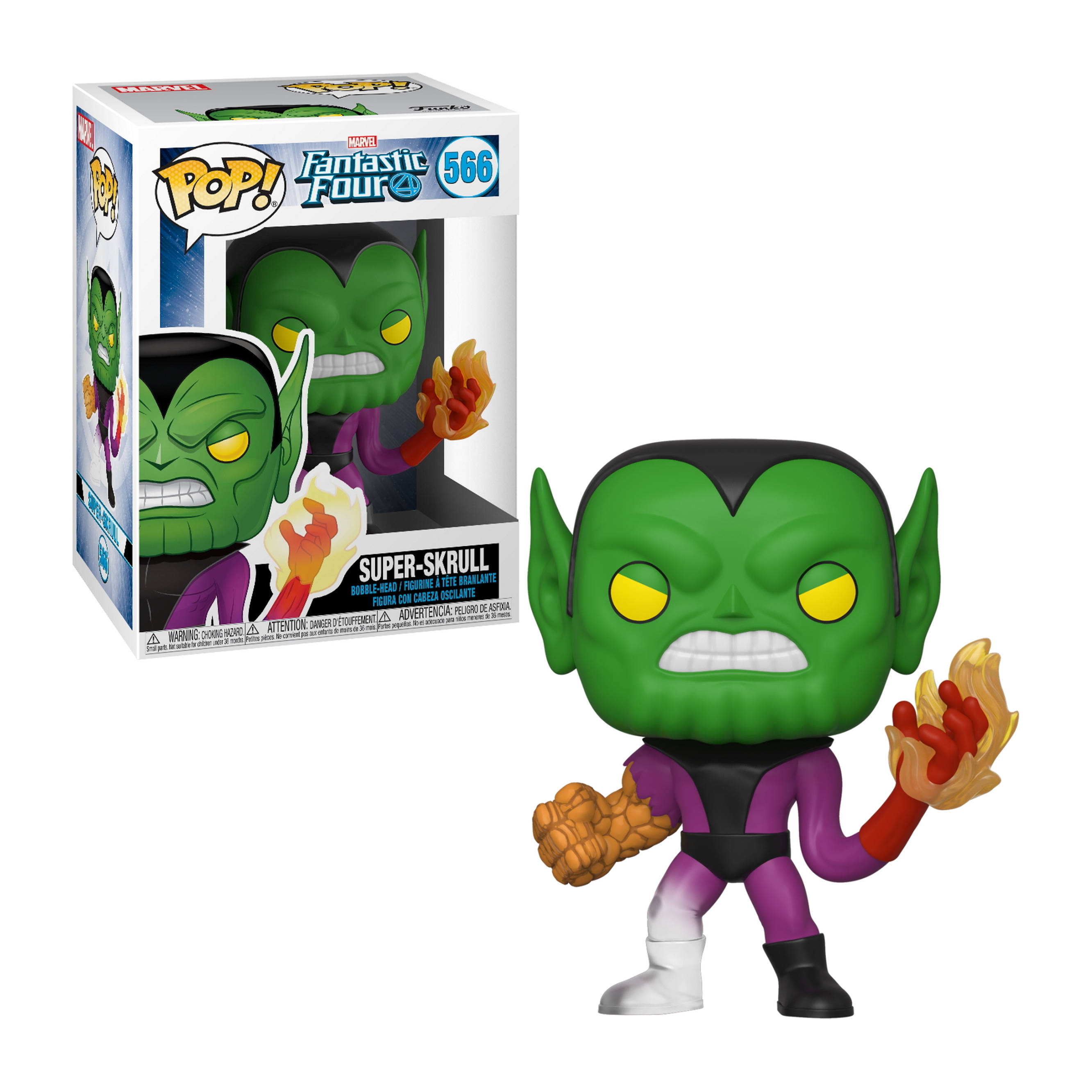 Figura Funko Pop di Super-Skrull. Pelle verde, abito viola, con fiamme. Viene in una scatola.